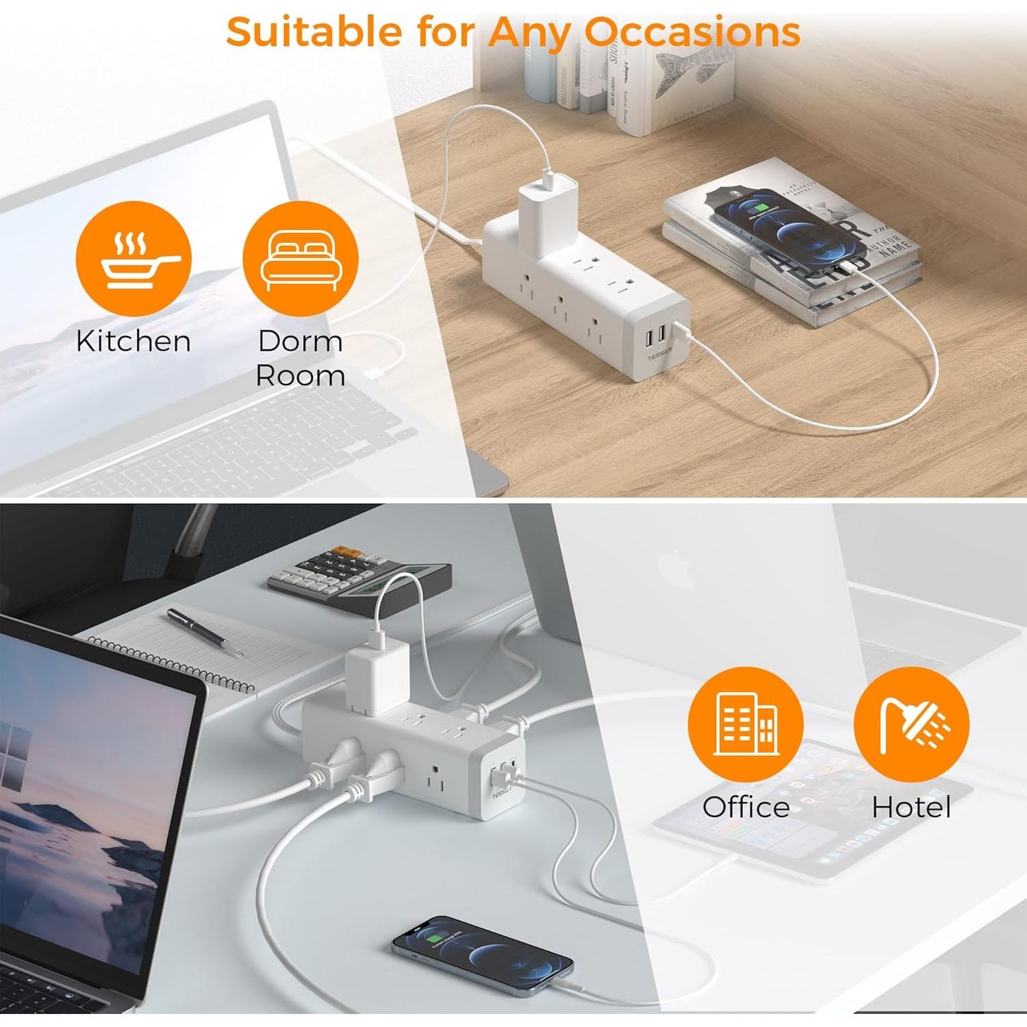 Regleta TESSAN 6 Pies 9 Salidas 3 USB Carga 1050J