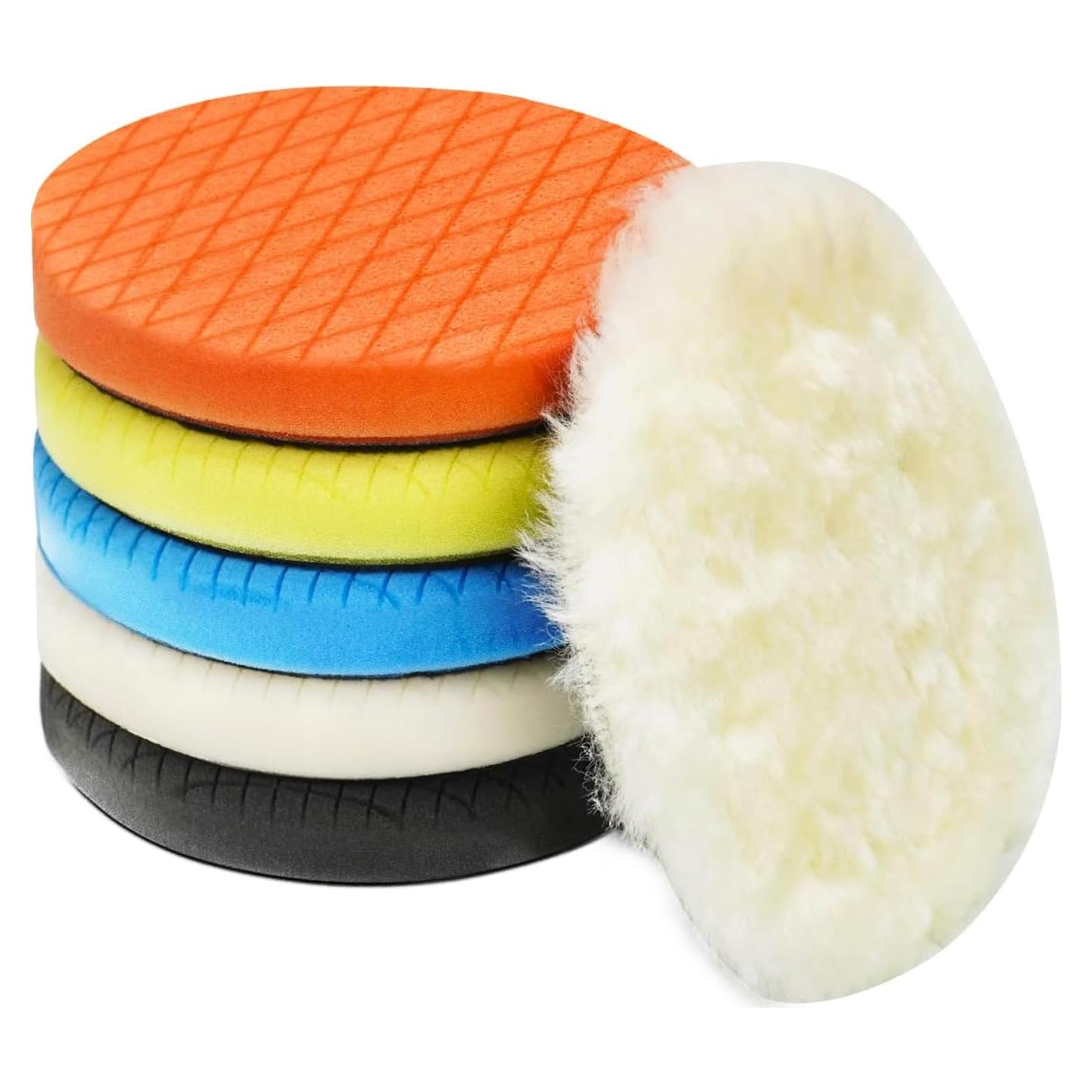 Autolock 3" Buffing Polishing Pads, 6Pcs 3.5 Inch 85mm Face for 3 Inch Backing Plate, Compound Buffing Sponge and Woolen Pads, Cutting Polishing Pad Kit for Car Buffer Compounding, Polish and Wax