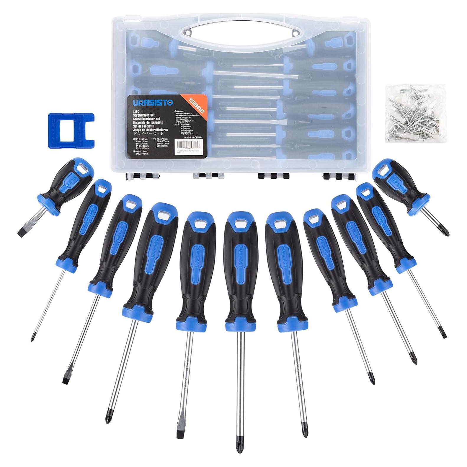 Magnetic Screwdrivers Set with Case, 13-piecs Includes 4 Slotted, 5 Phillips, 2 Pozidriv Screwdriver Set Tools for Repair man (Chrome-Vanadium Blades w/Magnetic Tips)