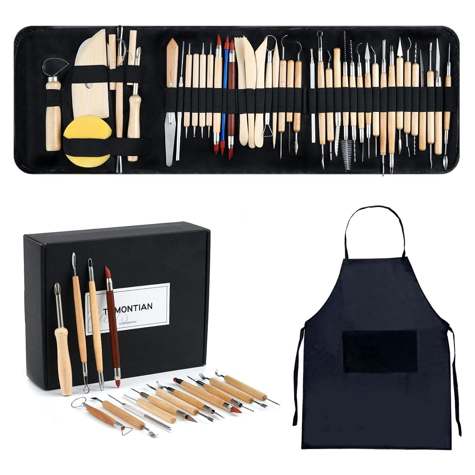 TEMONTIAN Pottery Tool Kit，Clay Sculpting Tools,43 Pcs Double Sided Pottery Wheel Tools for Adults，Pottery Carving Tools，Pottery Kiln Tools at Home，Ceramics Tools Set with Carrying Case Bag and Apron