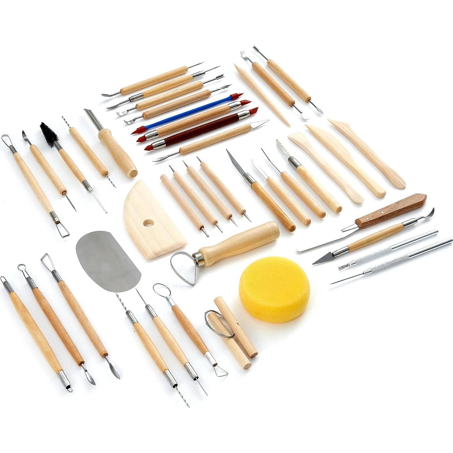 TEMONTIAN Pottery Tool Kit，Clay Sculpting Tools,43 Pcs Double Sided Pottery Wheel Tools for Adults，Pottery Carving Tools，Pottery Kiln Tools at Home，Ceramics Tools Set with Carrying Case Bag and Apron