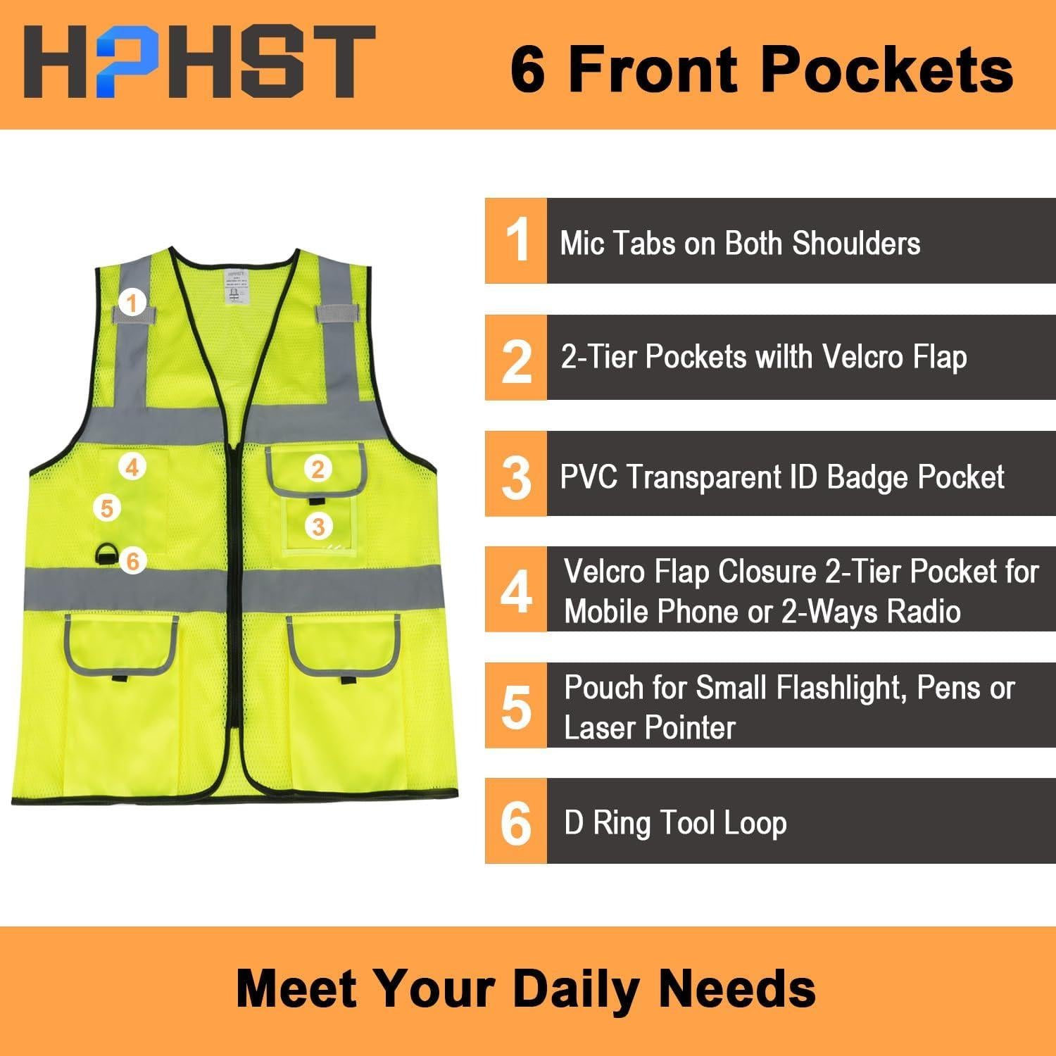 Chaleco de Seguridad HPHST Amarillo Reflectante Clase 2 5 Bolsillos