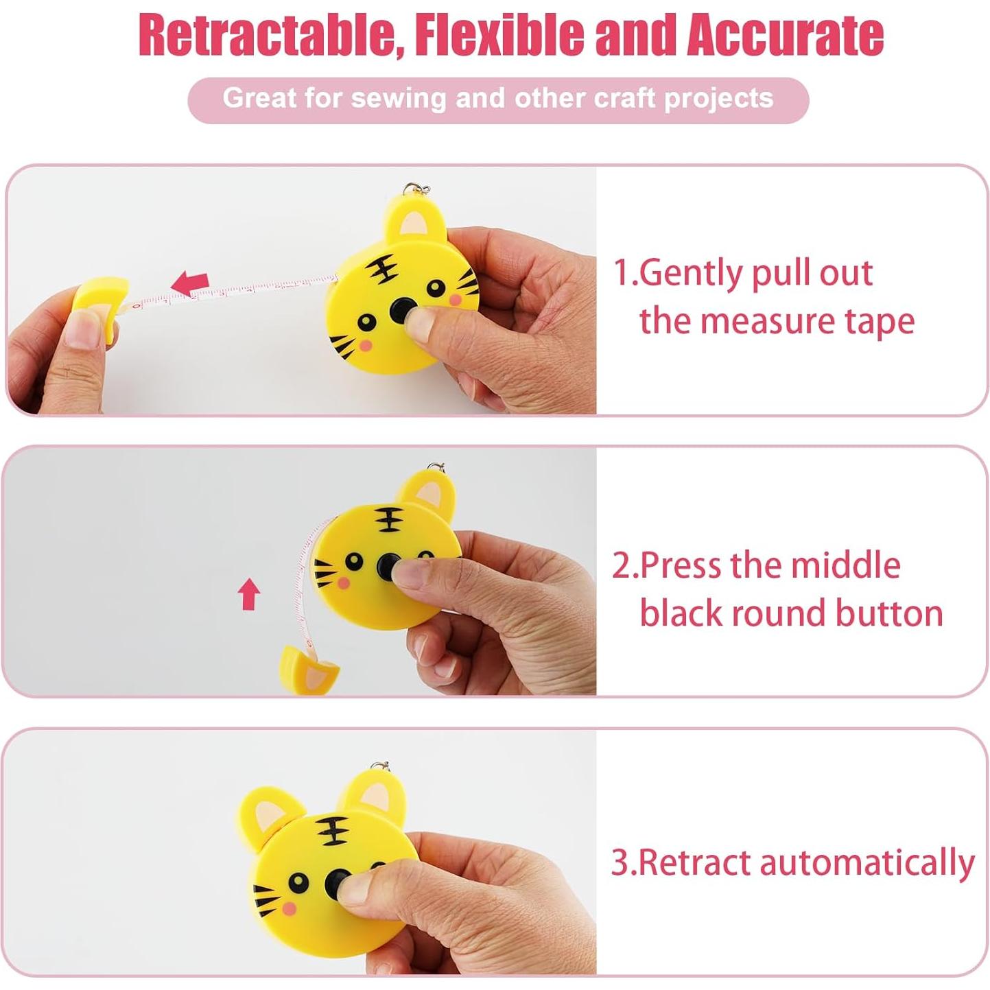 Tape Measure Body Measuring Tape, 3 Pcs Retractable Kids Fabric Measuring Tape, 60 Inch Animal Small Sewing Tape Measure for Craft Nursing Medical Travel(Pink/Green/Yellow)