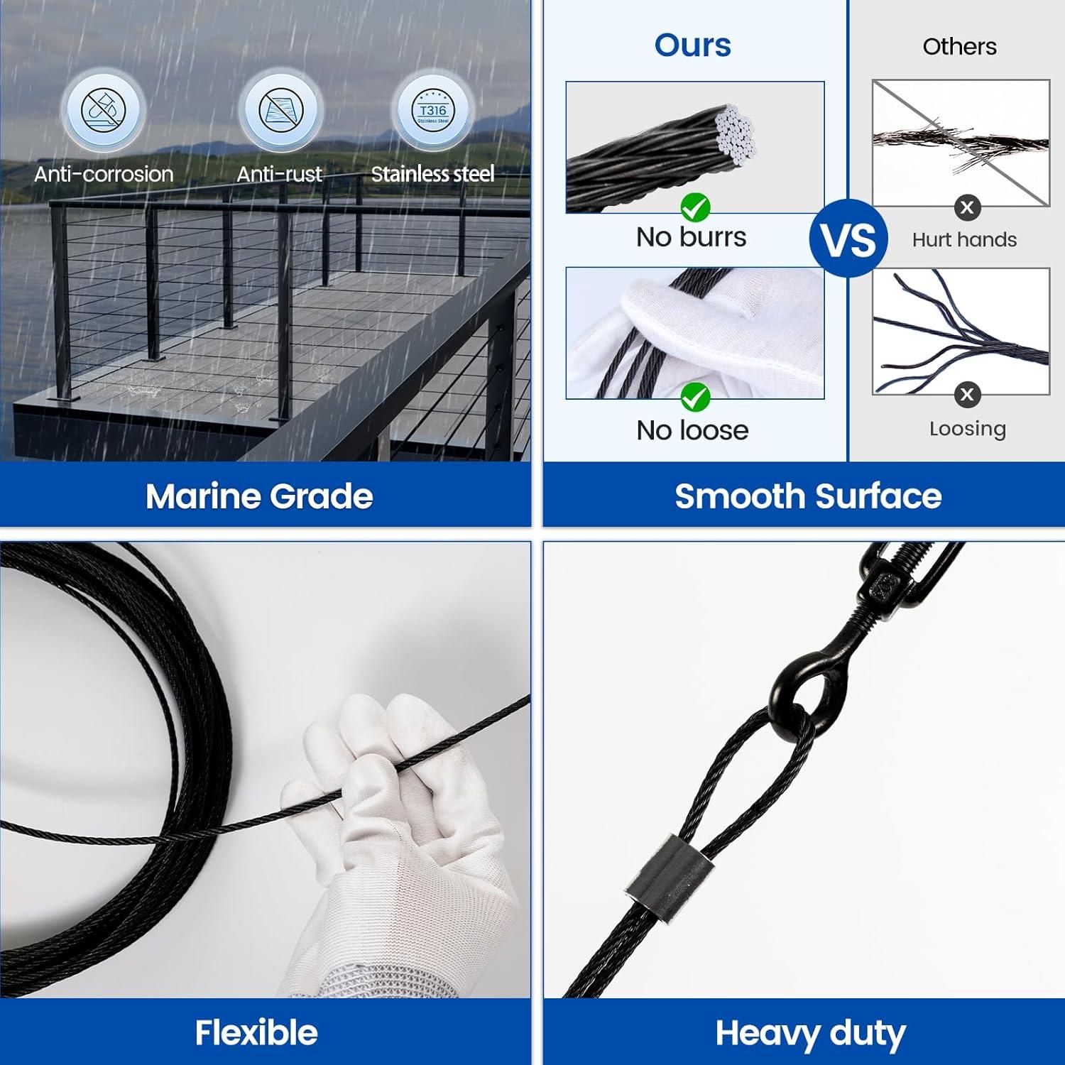 Kit Barandilla Cable Muzata 200 pies Acero Inoxidable Negro