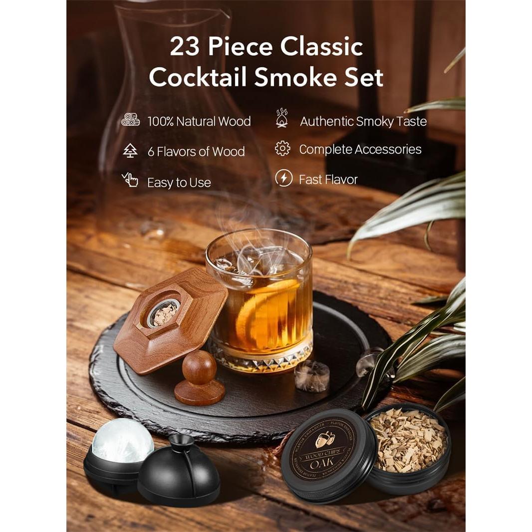 23Pcs Whiskey Smoker Kit with Torch-12 Wood Chips, Ice Ball Mold, Cocktail Smoker Infuser Kit, Old Fashioned Drink Smoker Kit, Birthday Bourbon Whiskey Gifts for Men,Husband,Dad,Him