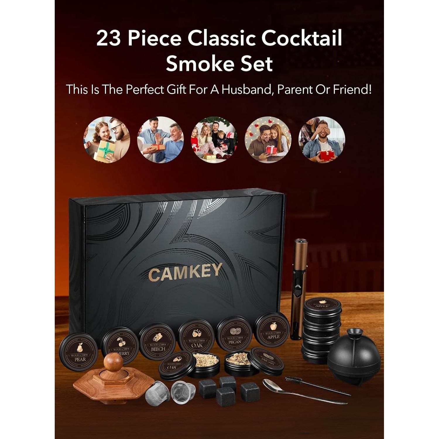 23Pcs Whiskey Smoker Kit with Torch-12 Wood Chips, Ice Ball Mold, Cocktail Smoker Infuser Kit, Old Fashioned Drink Smoker Kit, Birthday Bourbon Whiskey Gifts for Men,Husband,Dad,Him