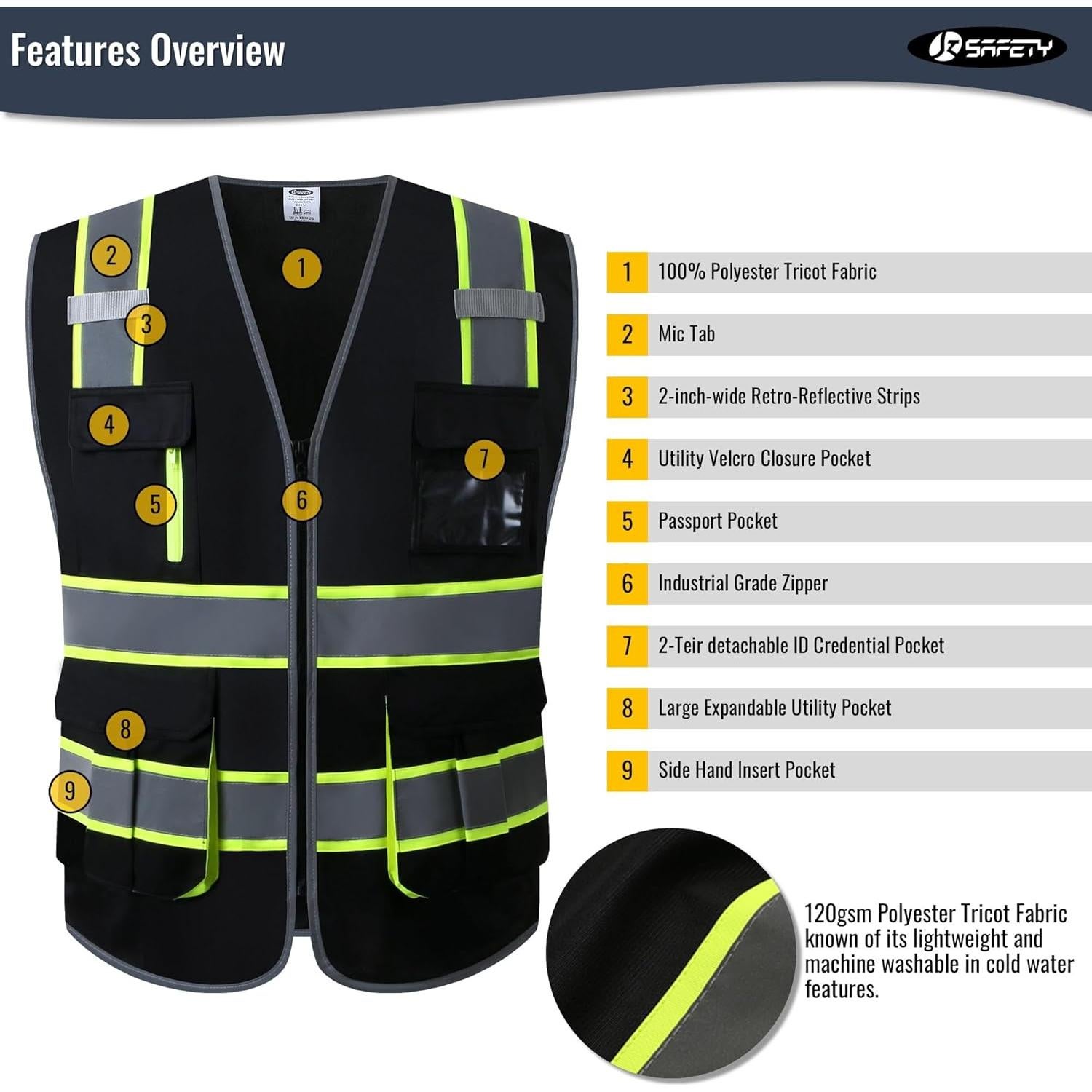 Chaleco de Seguridad JKSafety Hi-Vis Negro X-Large 7 Bolsillos