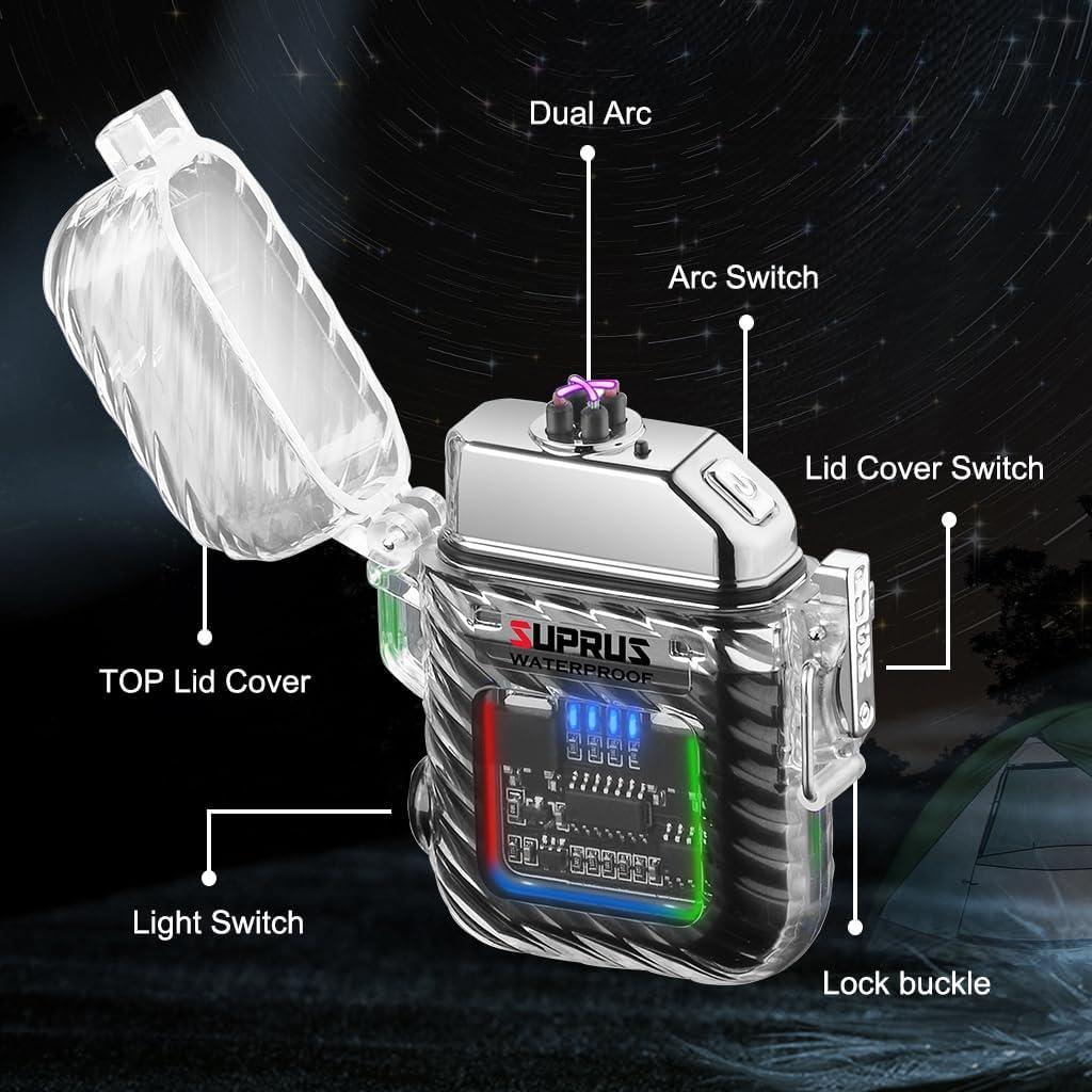 SUPRUS Luminous 3 Modes of Flashlight Windproof Waterproof Lighter Electric Rechargeable Dual Arc Plasma Lighter with Survival Emergency Whistle and Lanyard (Black)