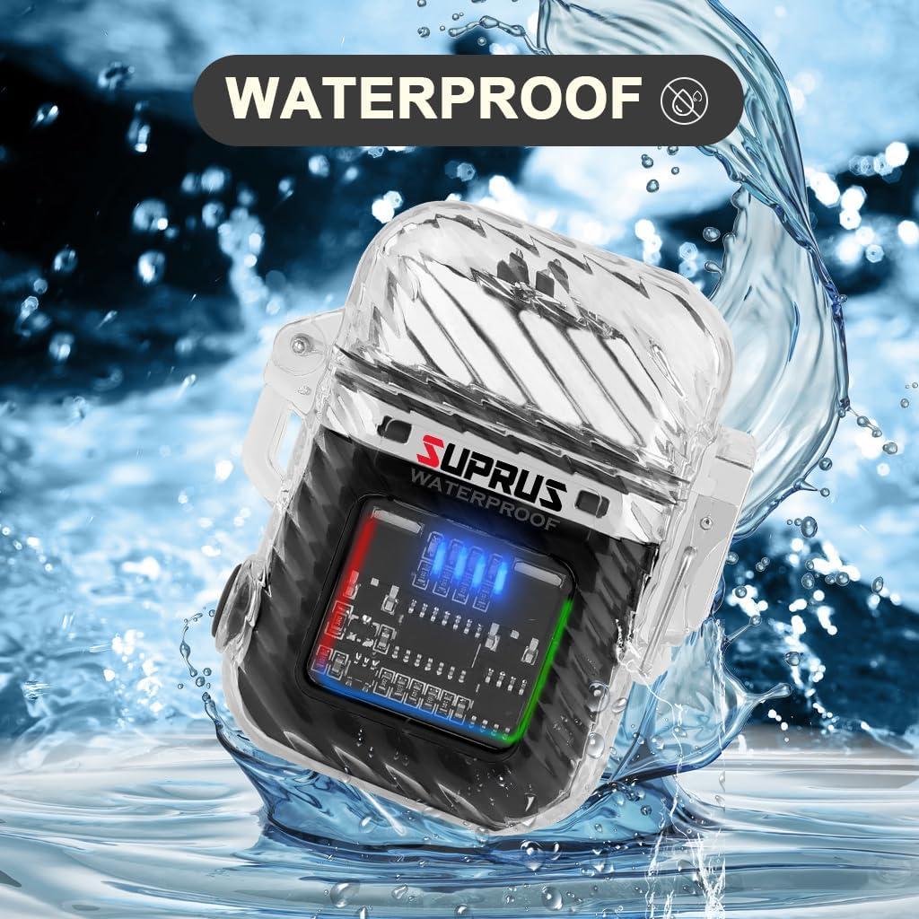 SUPRUS Luminous 3 Modes of Flashlight Windproof Waterproof Lighter Electric Rechargeable Dual Arc Plasma Lighter with Survival Emergency Whistle and Lanyard (Black)