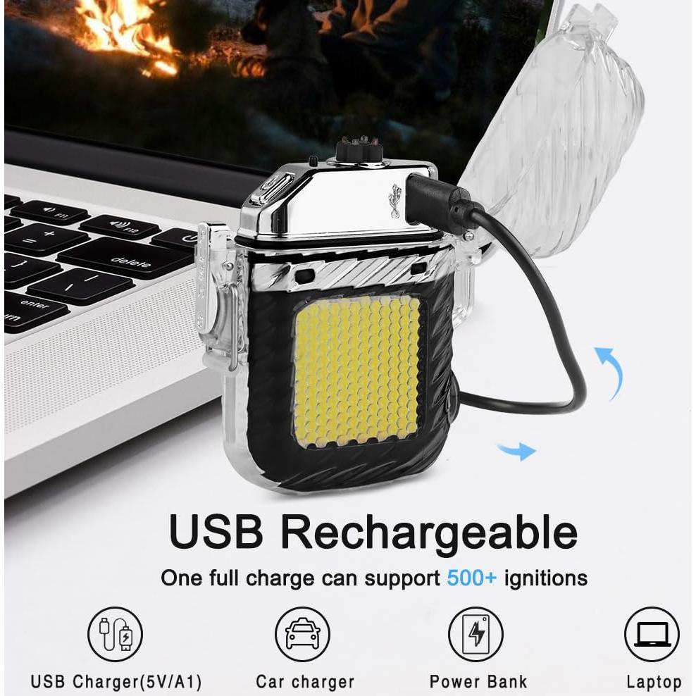 SUPRUS Luminous 3 Modes of Flashlight Windproof Waterproof Lighter Electric Rechargeable Dual Arc Plasma Lighter with Survival Emergency Whistle and Lanyard (Black)