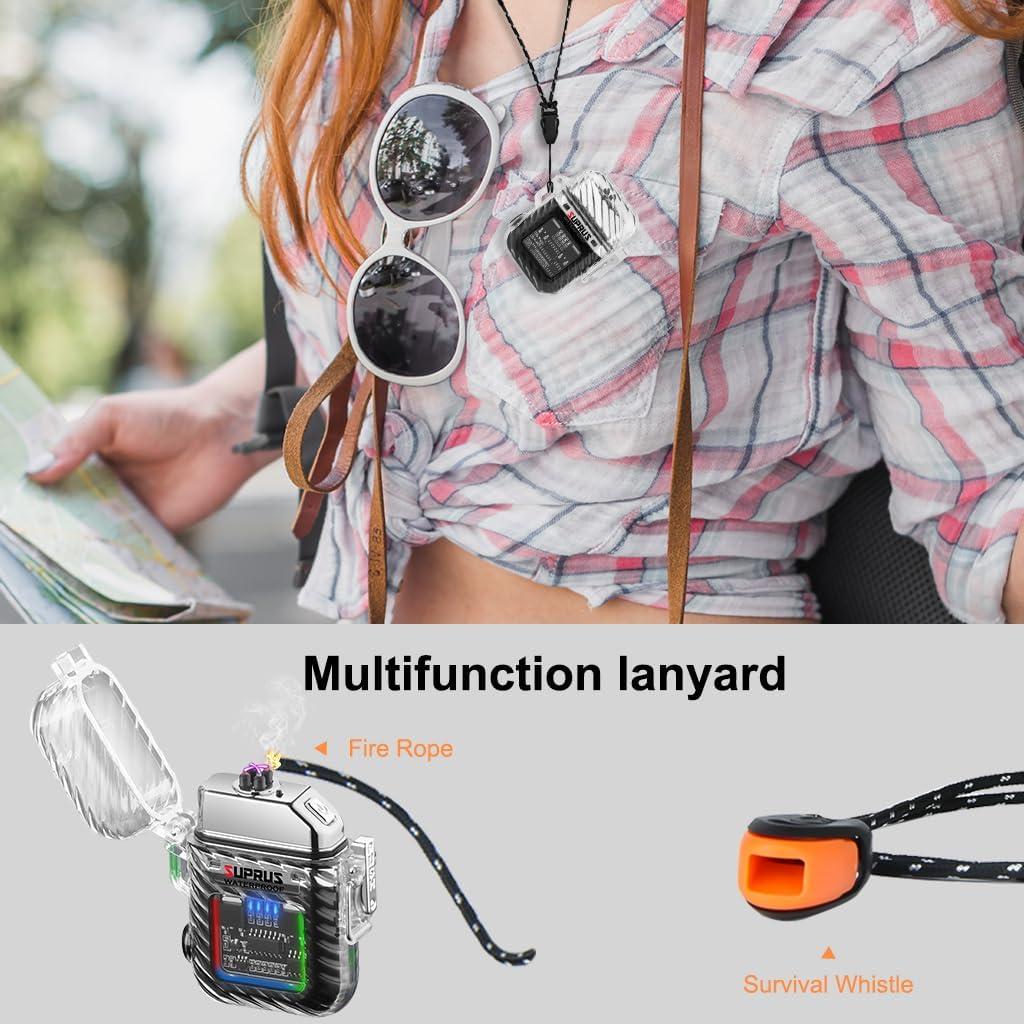 SUPRUS Luminous 3 Modes of Flashlight Windproof Waterproof Lighter Electric Rechargeable Dual Arc Plasma Lighter with Survival Emergency Whistle and Lanyard (Black)