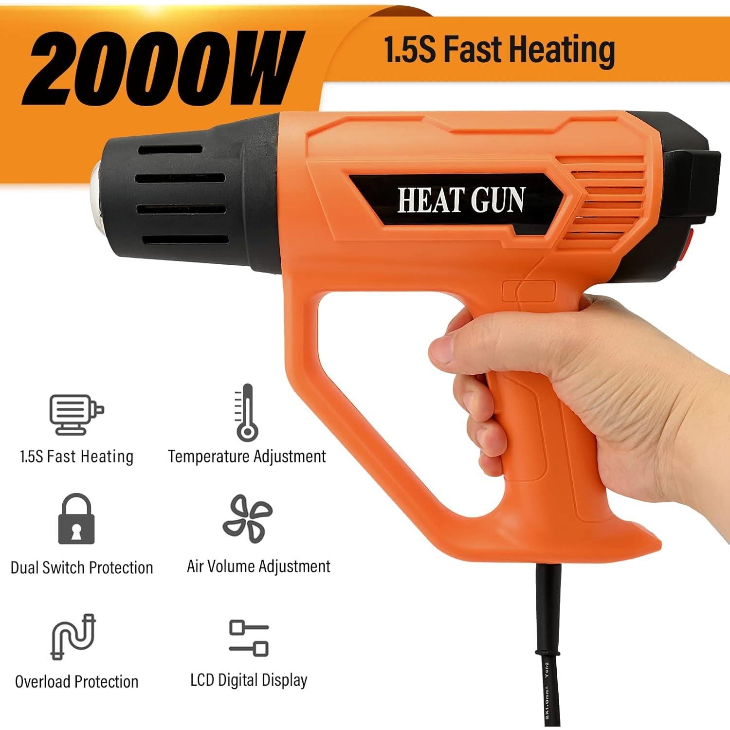 Pistola de Calor FOSHIO 2000W con Pantalla LCD y 4 Boquillas