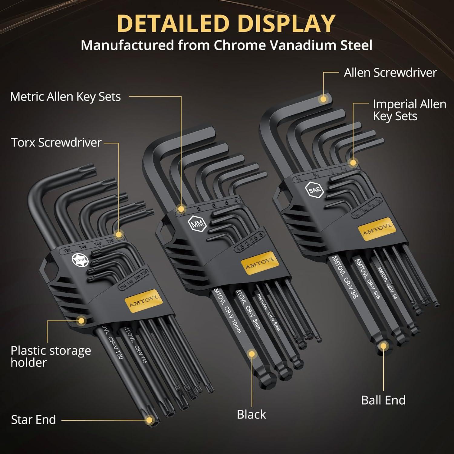 Juego de Llaves Allen 27PCS AMTOVL Métricas y SAE con Mango en T