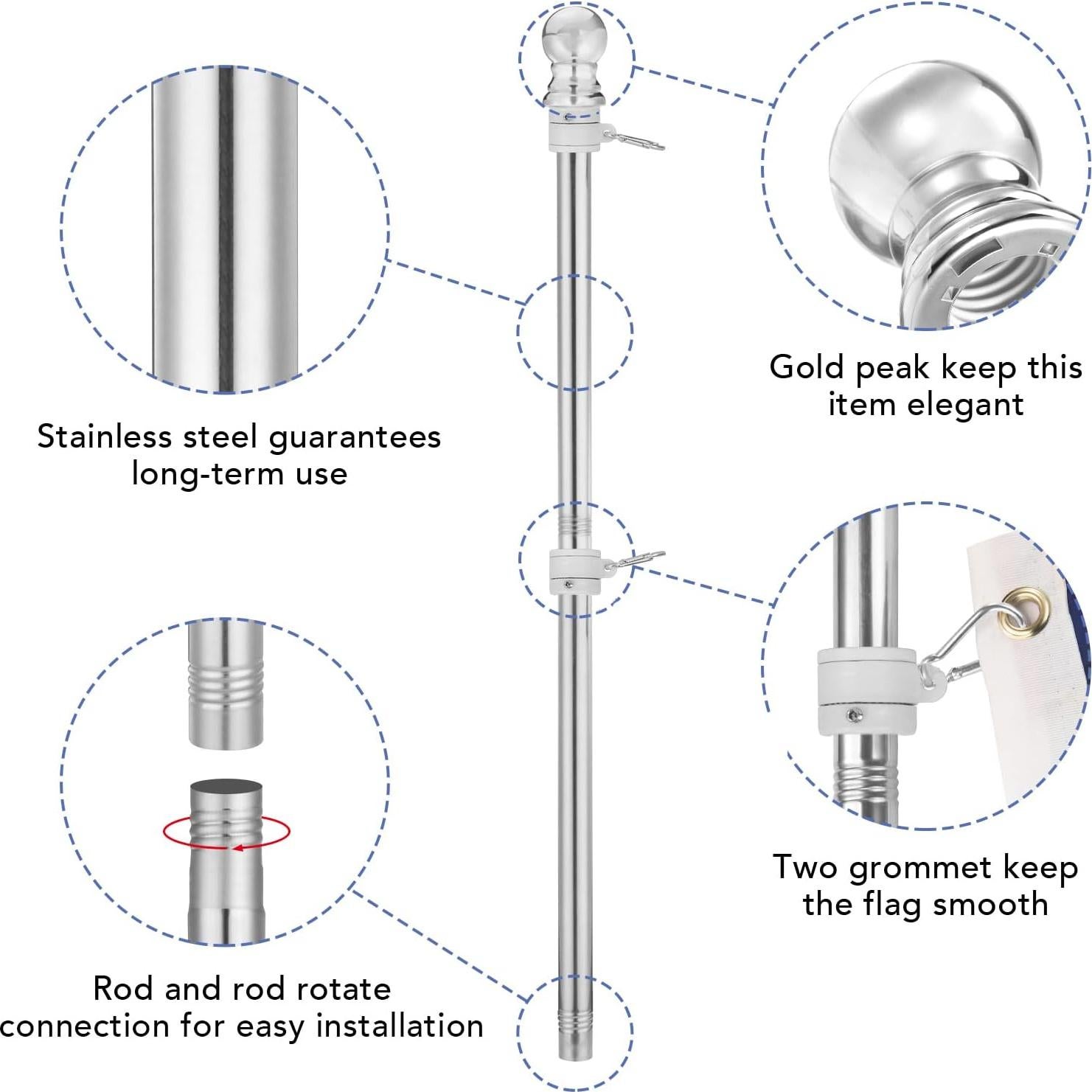 Polo de Bandera Yeesun 1Pc Plata 1.9kg Soporte Exterior