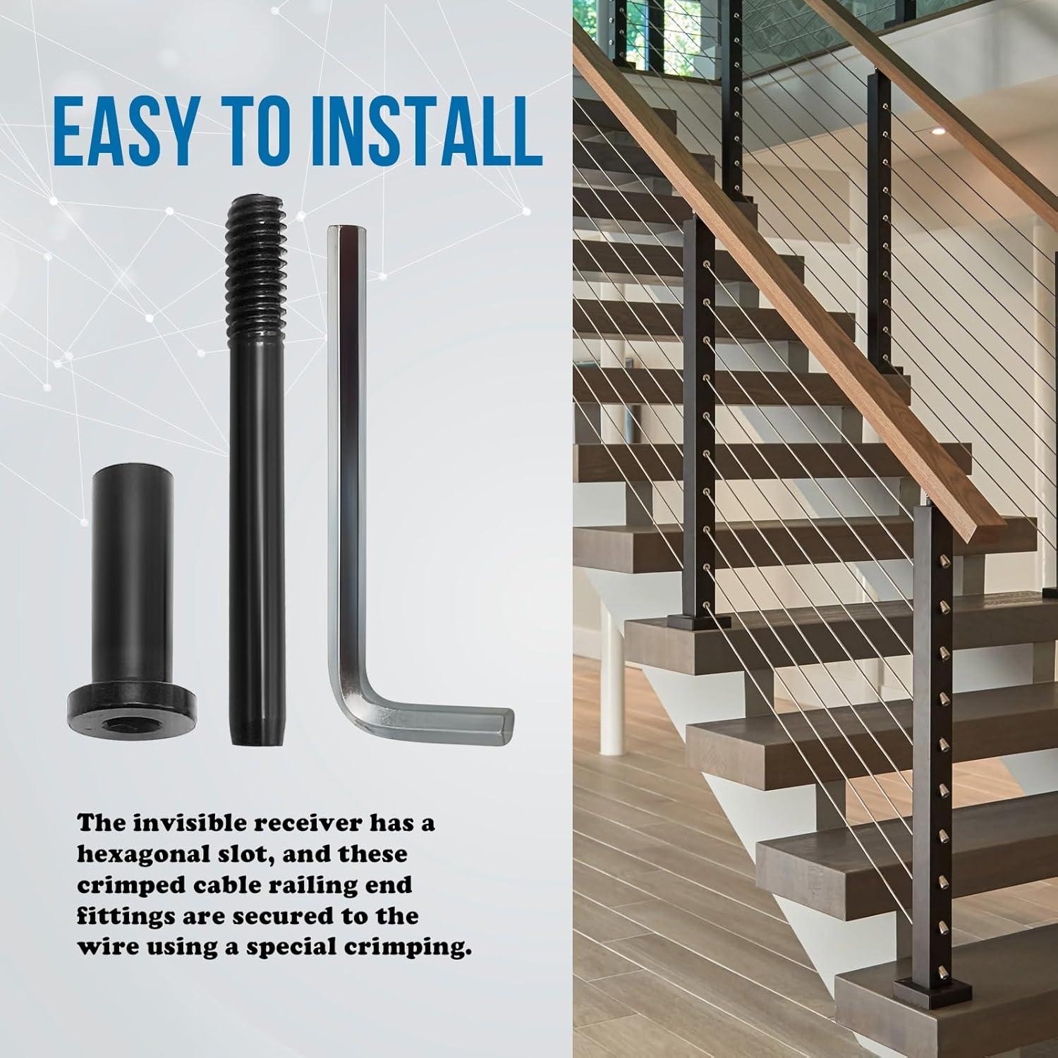 Paquete de 10 Hardware de Barandilla de Cable Invisible MOPKIUTR 1/8" (3.18 mm) Negro