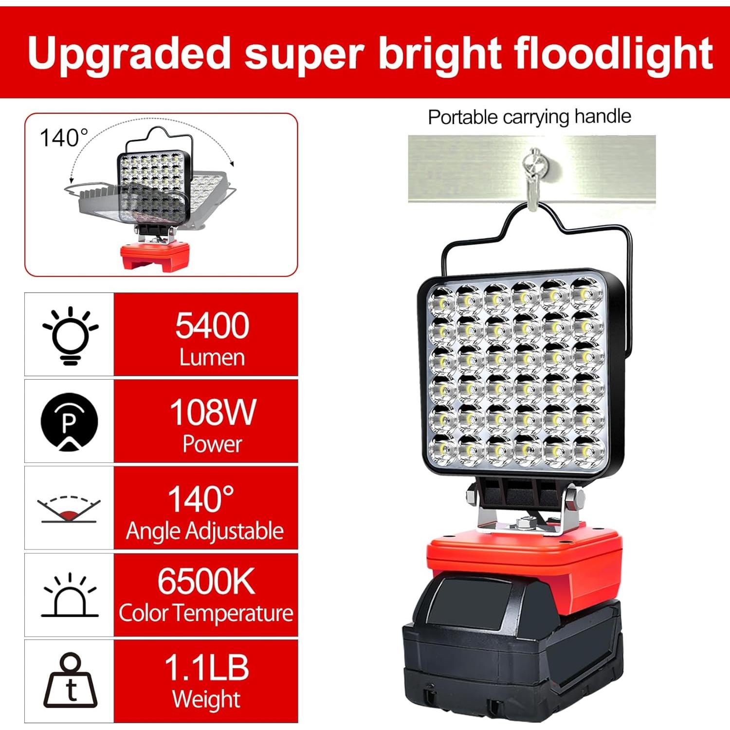 Luz de trabajo LED portátil WQOXF 108W 5400LM para Milwaukee M18