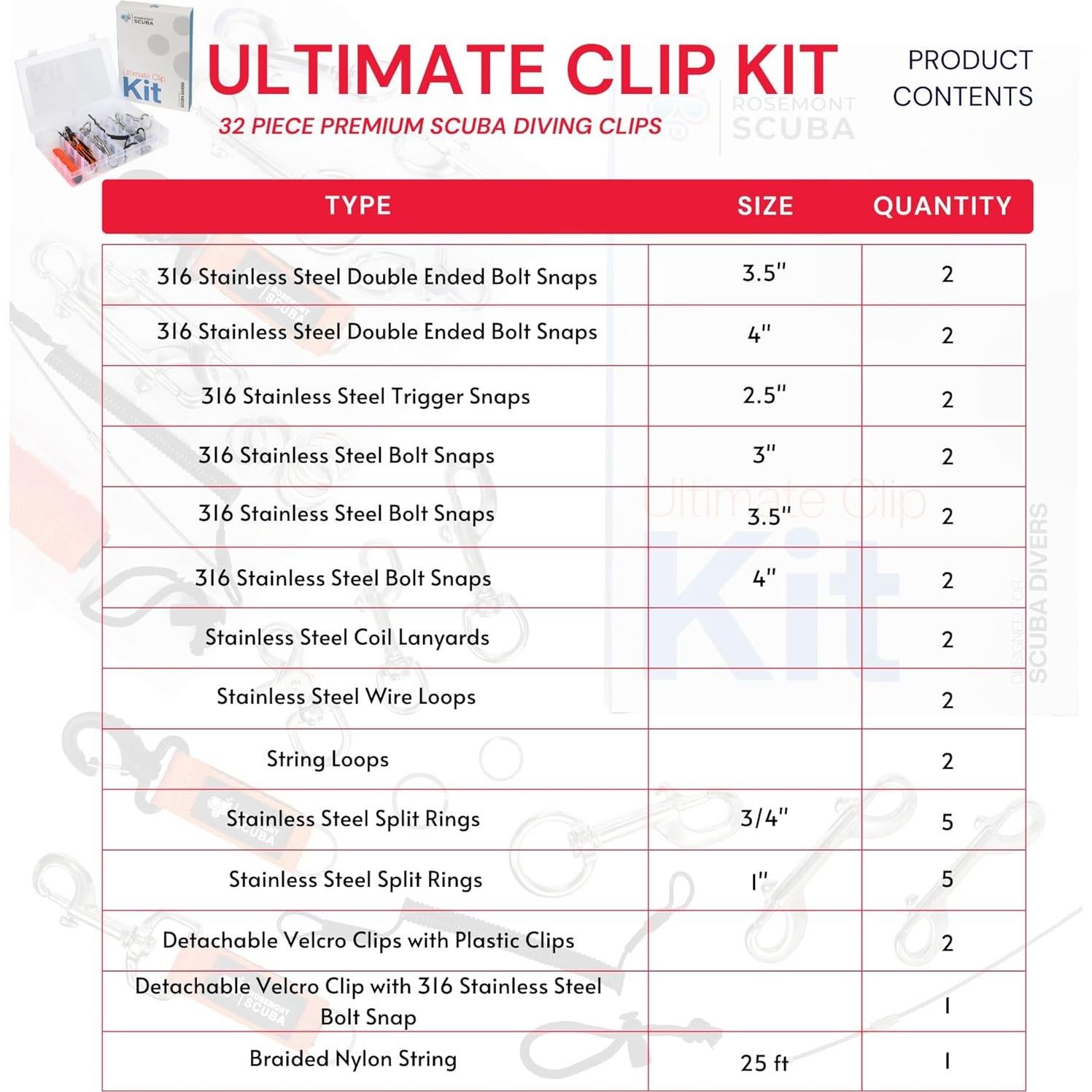 Kit de Clips de Buceo Rosemont Scuba 32 Piezas Acero Inoxidable