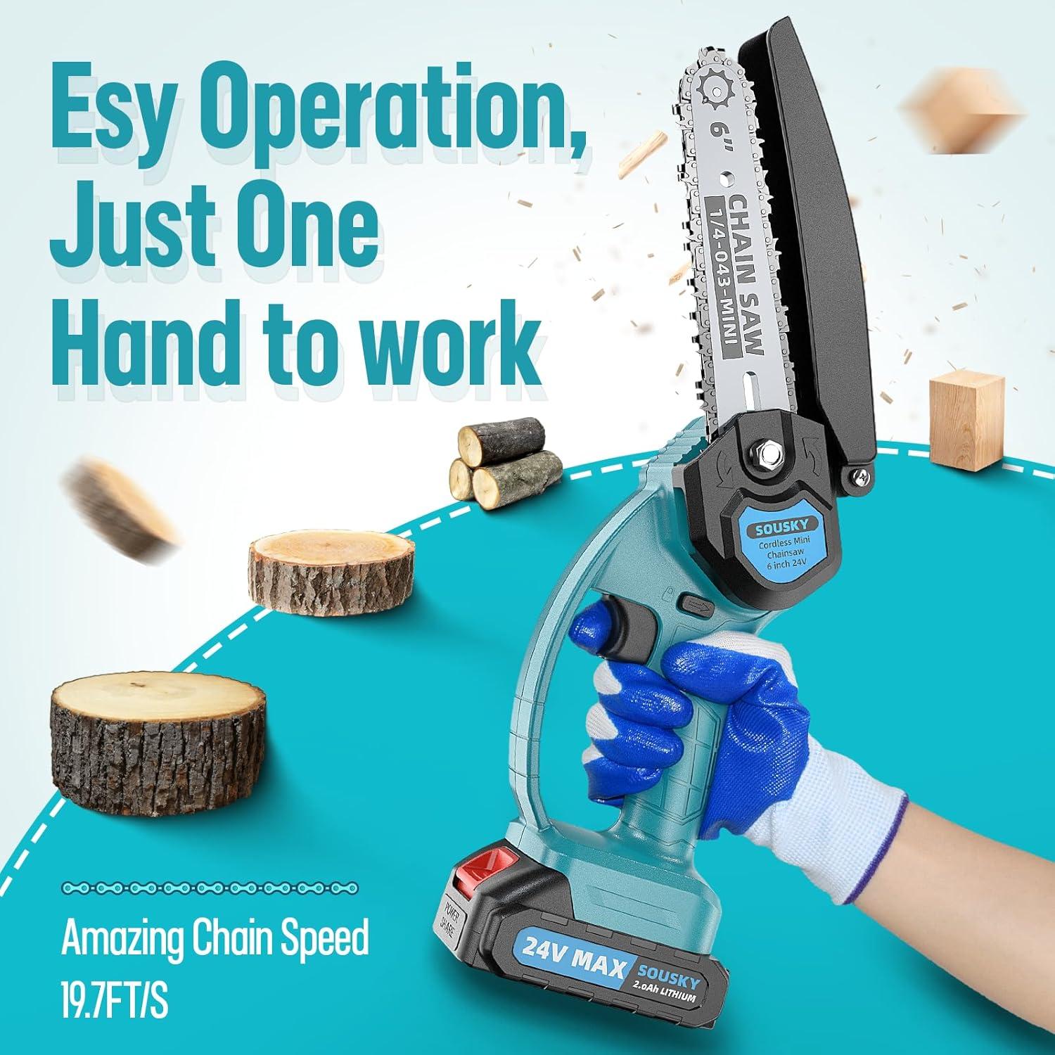 Mini Chainsaw Cordless, 6Inch Portable Small Chain Saw Battery Powered, Handheld Chainsaws with 2 * 24V 2.0MAH Powered Rechargeable Battery for Tree/Wood Cutting Trimming Craftsman Gardening Pruning