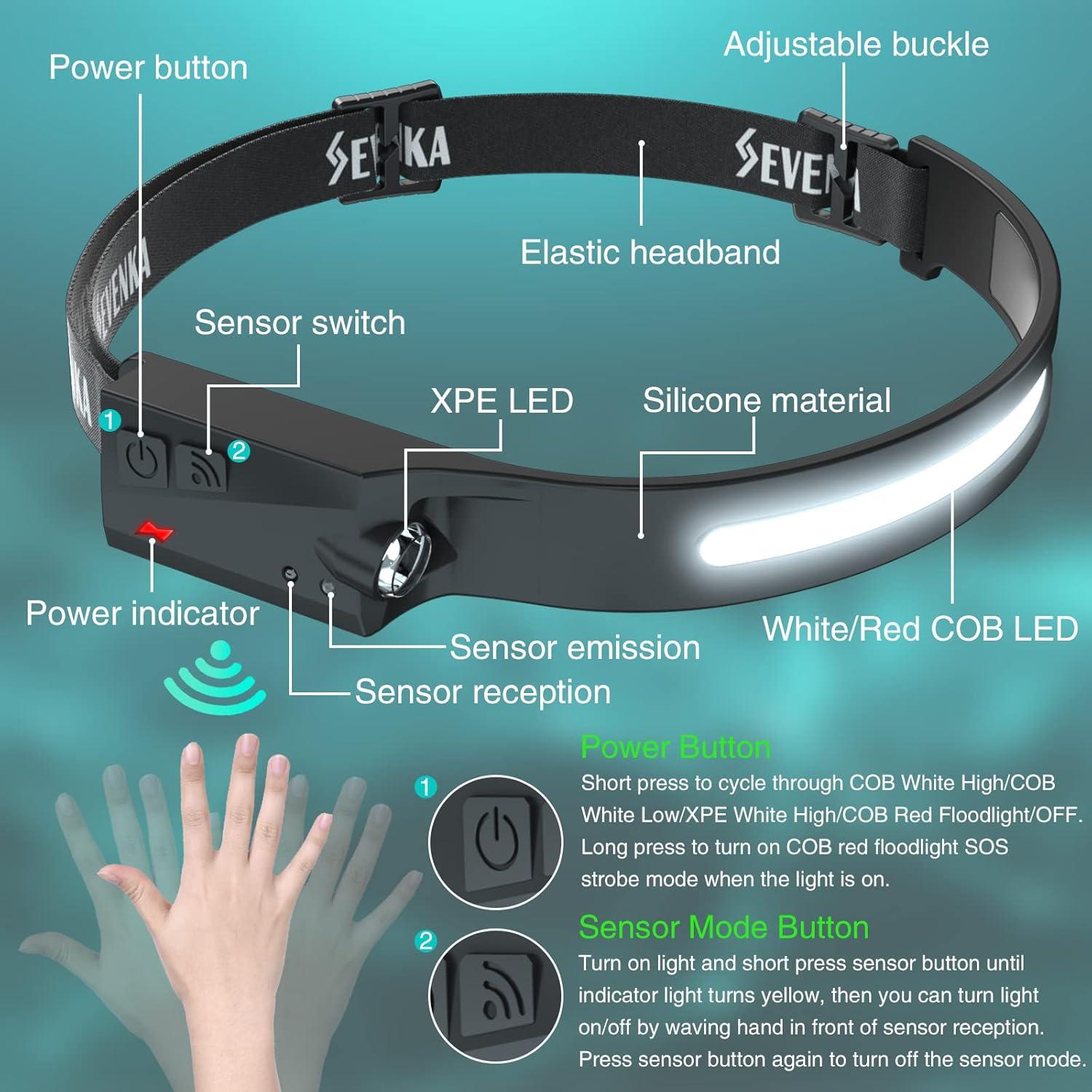 Linterna Frontal Recargable SEVENKA 1000 Lúmenes Luz Roja
