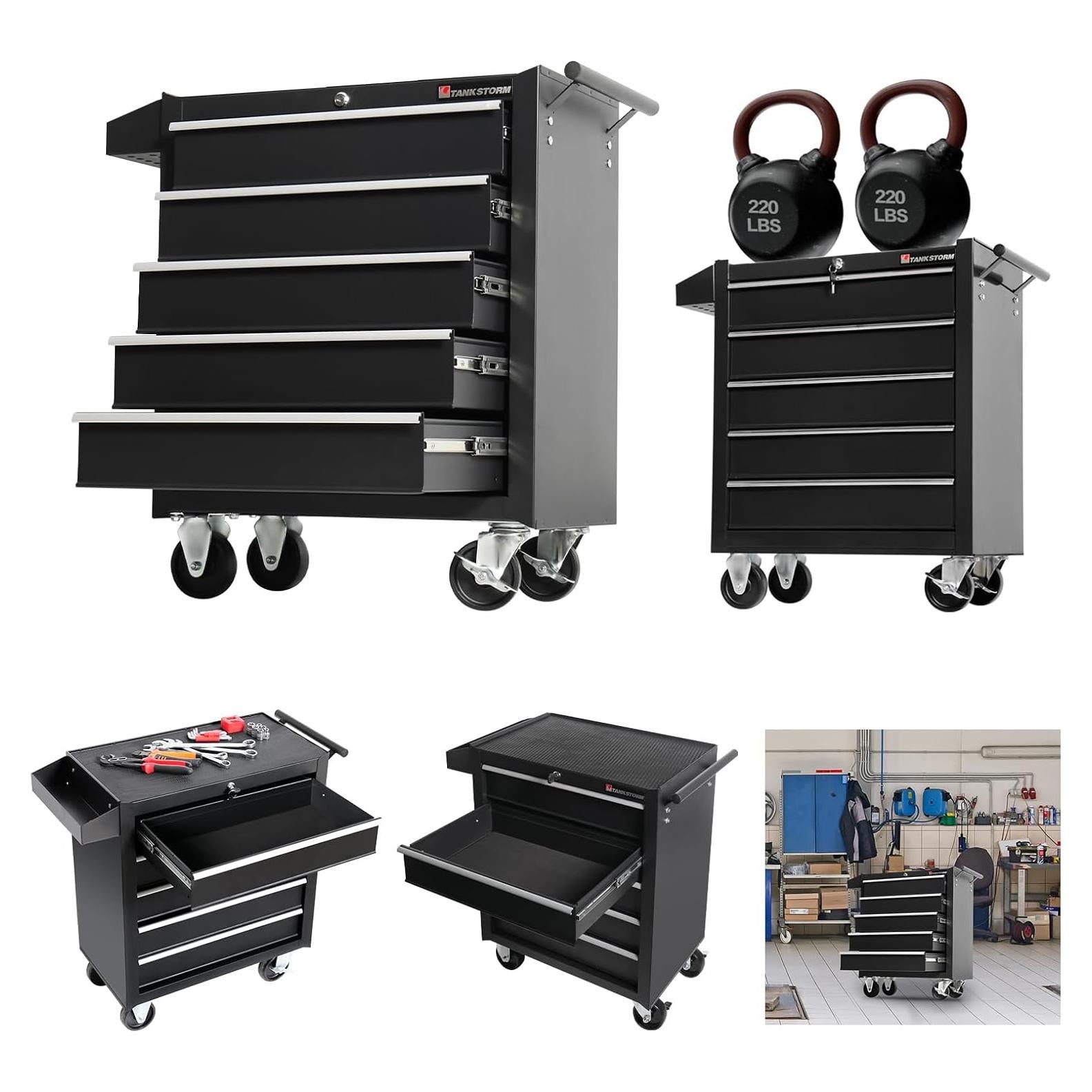 Carro de herramientas TANKSTORM 5 cajones negro acero rodante