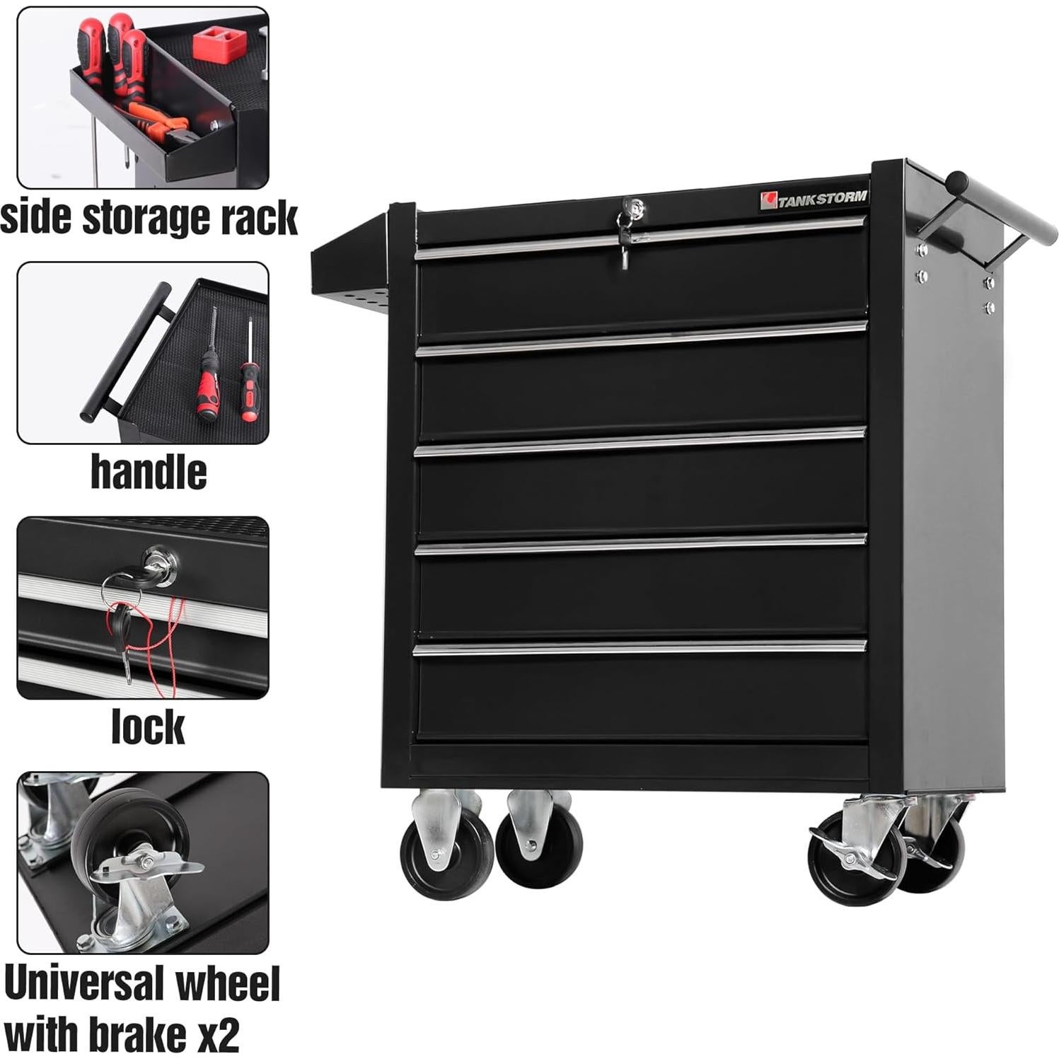 Carro de herramientas TANKSTORM 5 cajones negro acero rodante