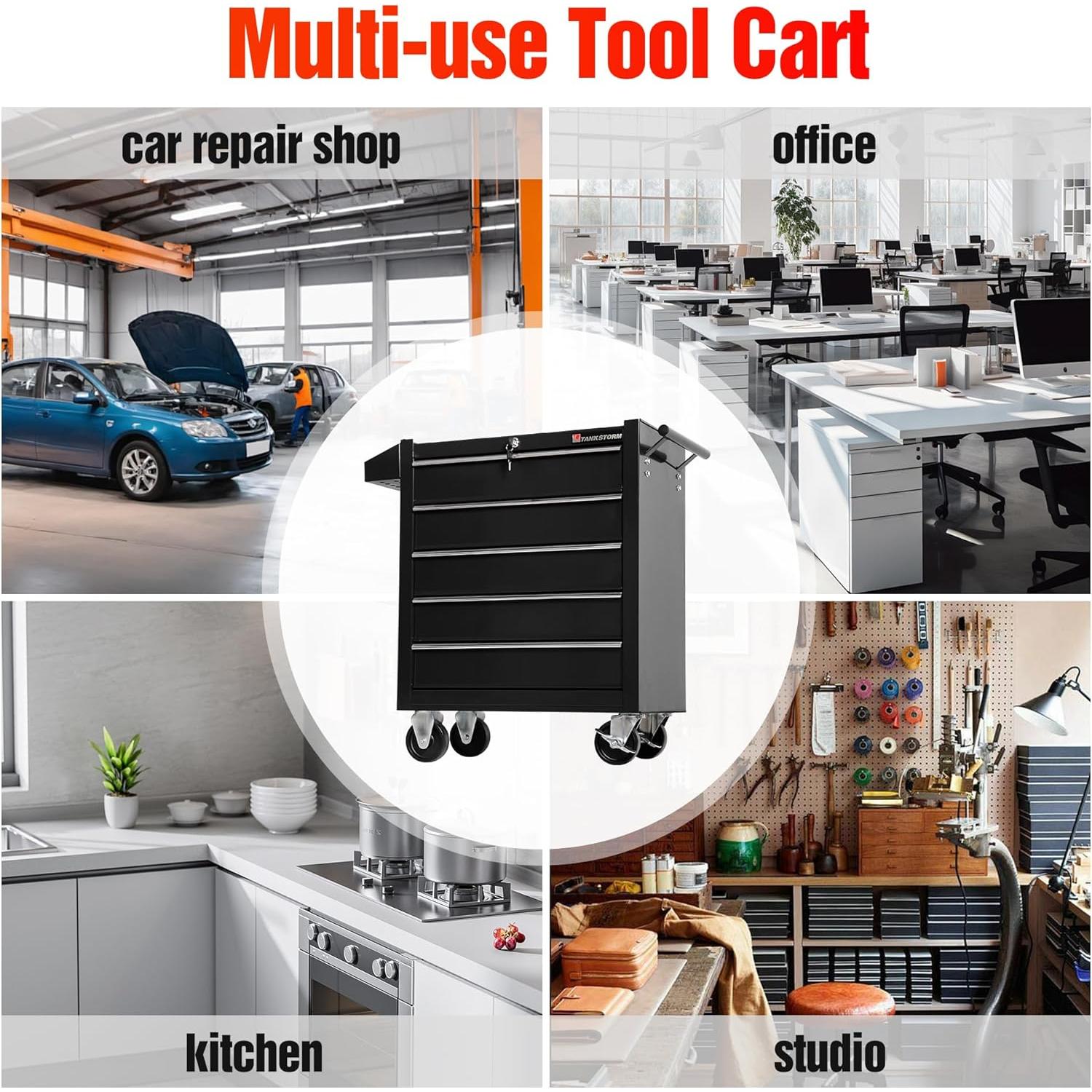 Carro de herramientas TANKSTORM 5 cajones negro acero rodante