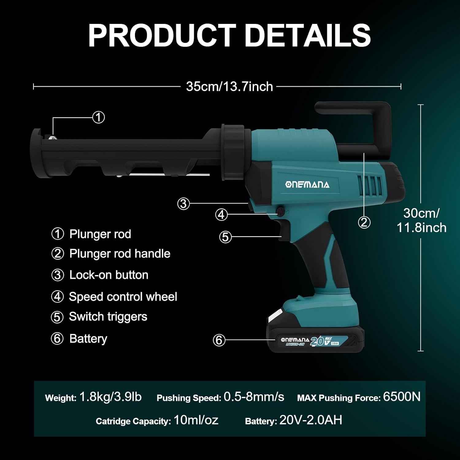 Pistola de Calafateo Eléctrica ONEMANA 20V con Batería y LED