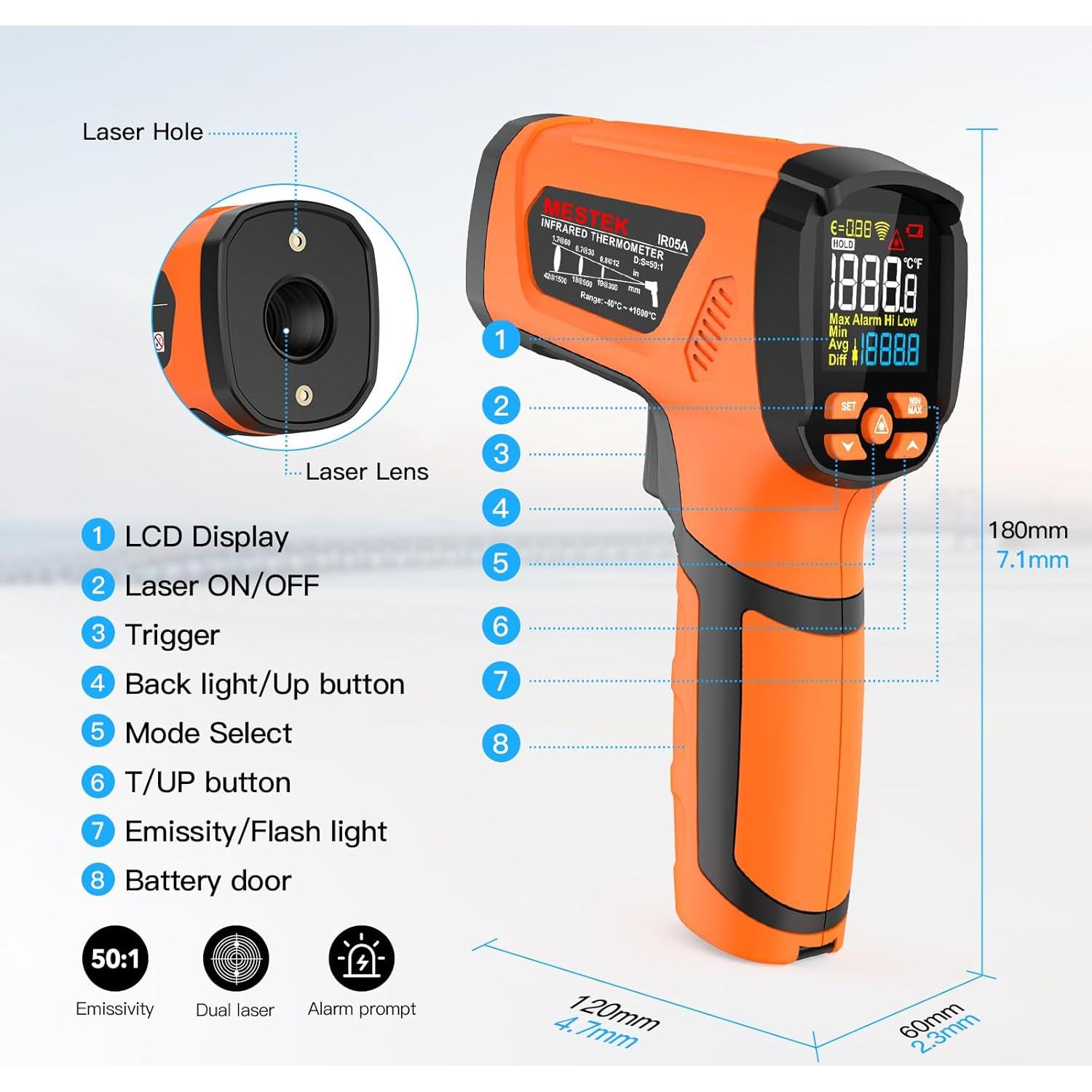 Termómetro Infrarrojo MESTEK IR05A -40 a 1600°C Pantalla LCD