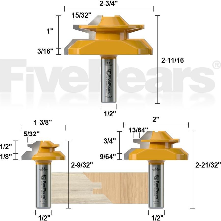 Cuchilla de Router Miter 45° FIVEPEARS Juego 3 PZS 1/2"