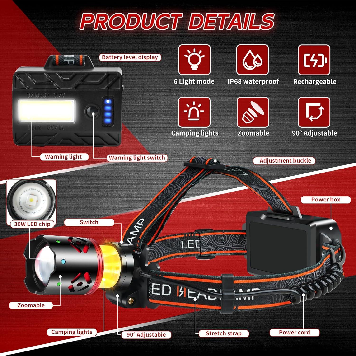 Linterna Frontal Recargable Senduzll01 5000LM 2 Piezas IPX4