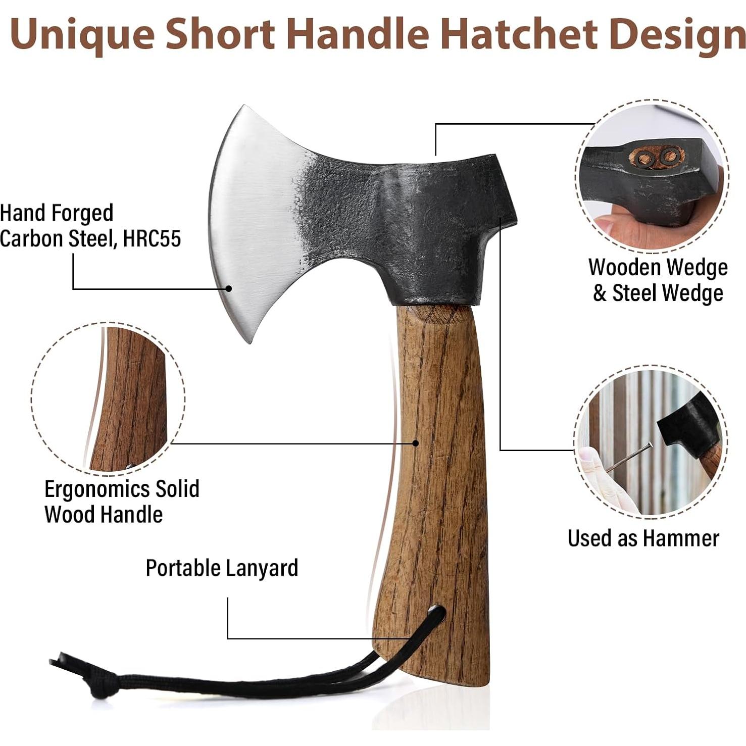 Small Camping Axe with Leather Sheath, 8.46" Backpacking Hatchet with Wooden Handle, Splitting Axe for Jungle, Gardening, Hunting, Survival