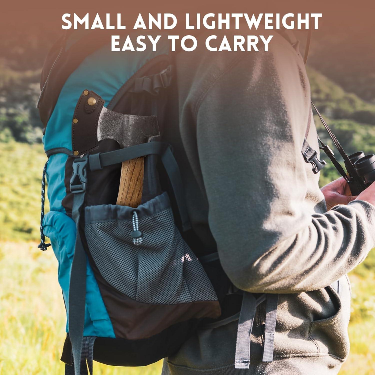 Small Camping Axe with Leather Sheath, 8.46" Backpacking Hatchet with Wooden Handle, Splitting Axe for Jungle, Gardening, Hunting, Survival