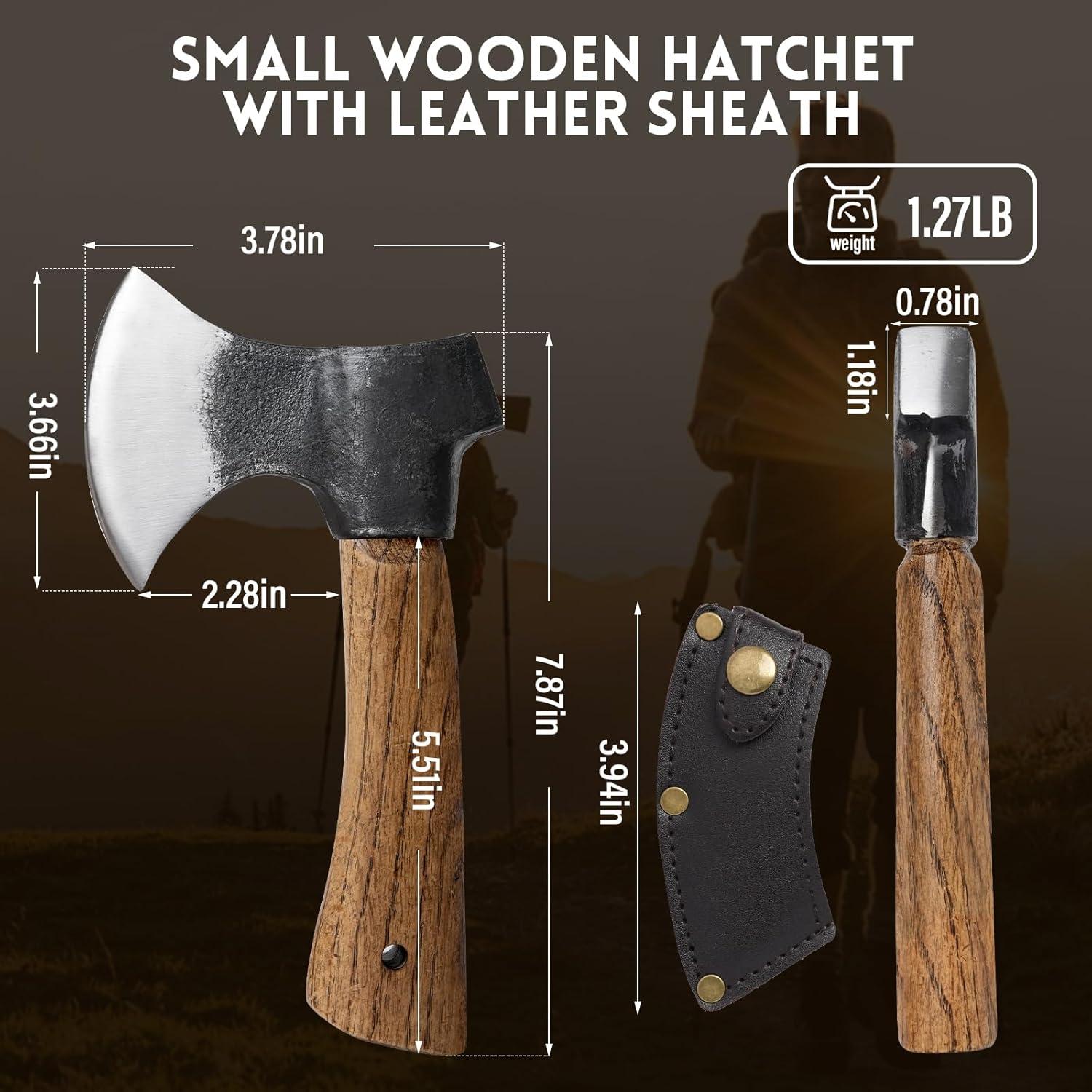 Small Camping Axe with Leather Sheath, 8.46" Backpacking Hatchet with Wooden Handle, Splitting Axe for Jungle, Gardening, Hunting, Survival