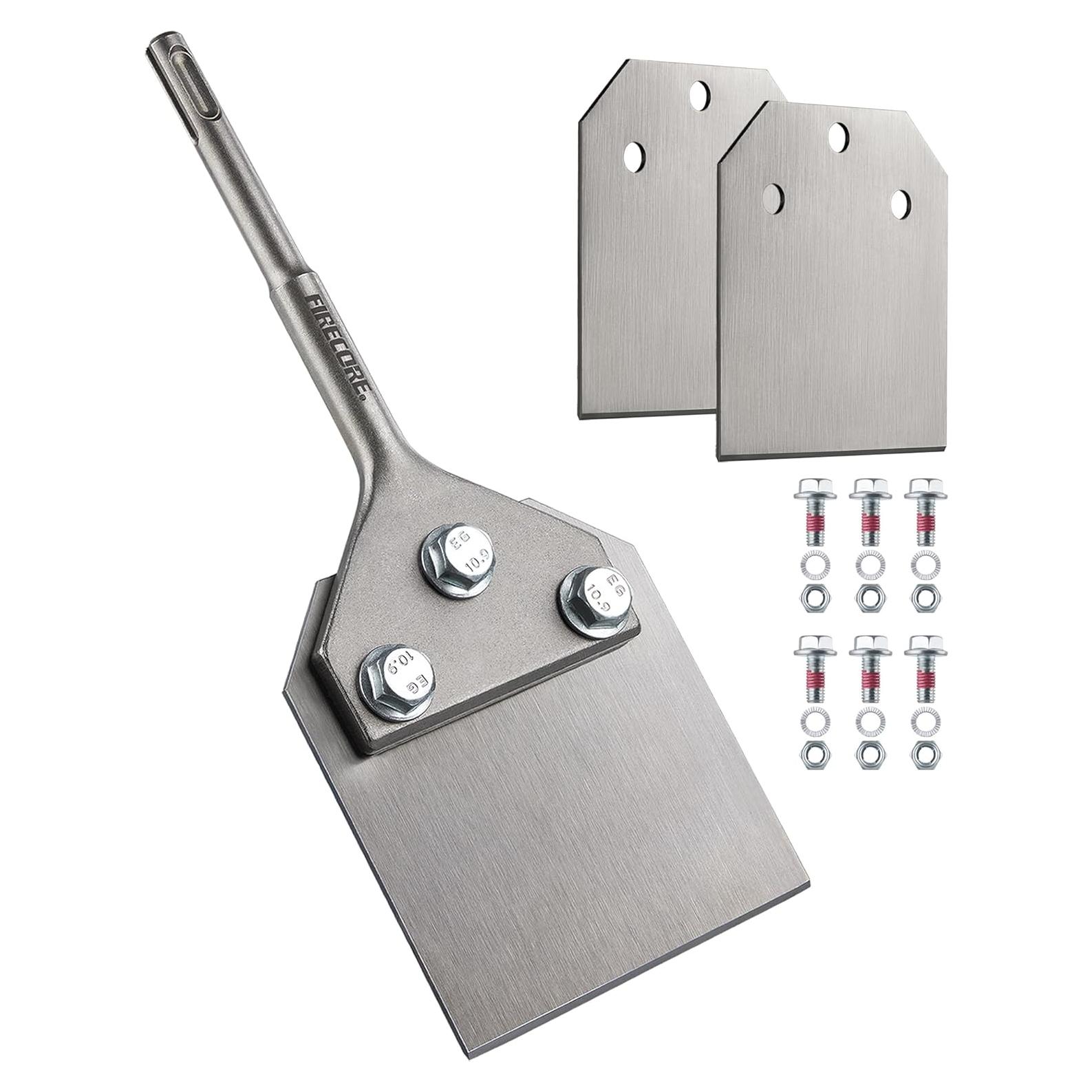 SDS Plus Floor Scraper with 2pcs Replaceable Blades, Firecore 4 Inch wide Thinset Removal Chisel Bits for SDS Plus Rotary Hammer Drill Power Tool, Flat Steel Shovel Tile Ceramic Vinyl Adhesive Remover