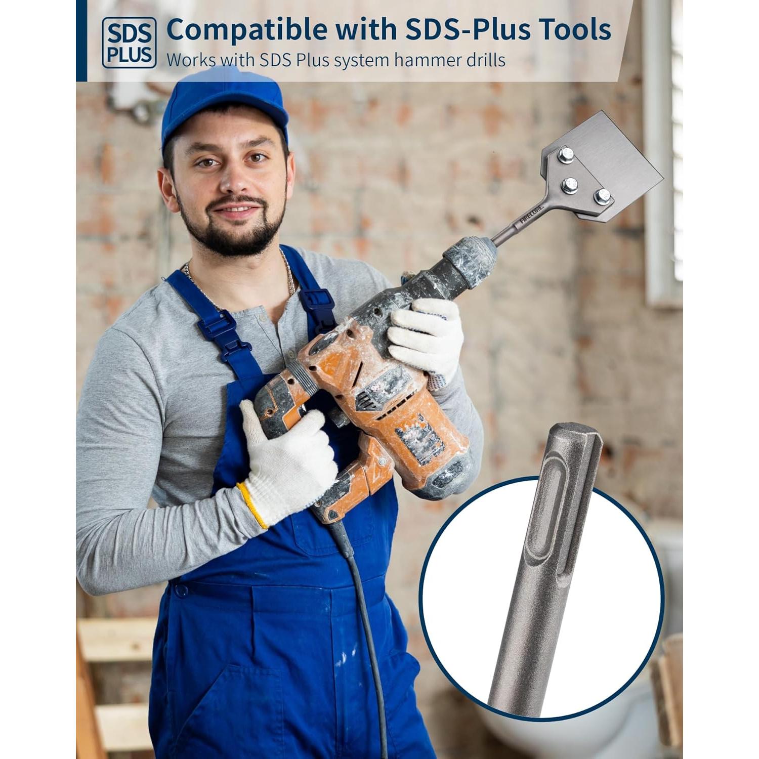 SDS Plus Floor Scraper with 2pcs Replaceable Blades, Firecore 4 Inch wide Thinset Removal Chisel Bits for SDS Plus Rotary Hammer Drill Power Tool, Flat Steel Shovel Tile Ceramic Vinyl Adhesive Remover