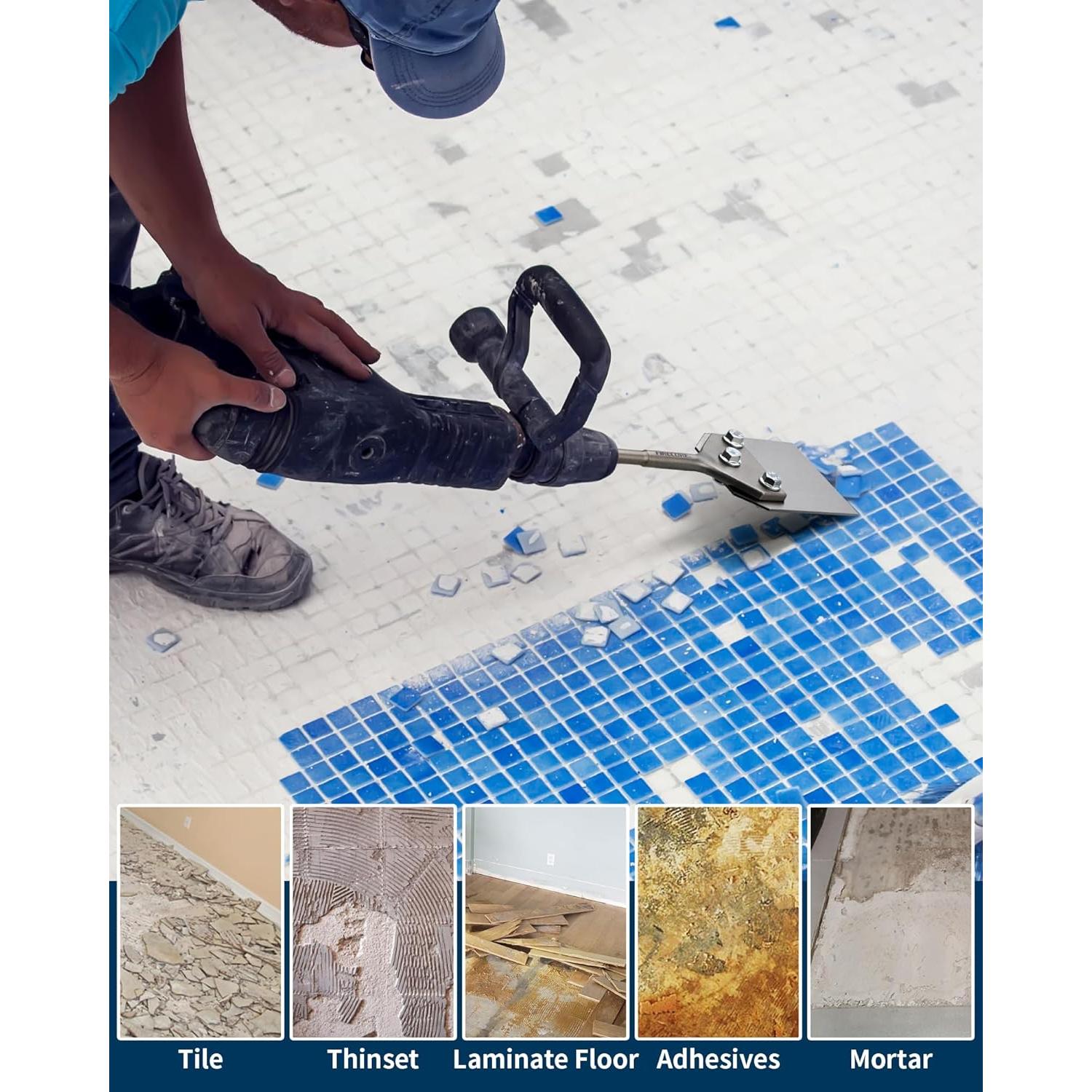 SDS Plus Floor Scraper with 2pcs Replaceable Blades, Firecore 4 Inch wide Thinset Removal Chisel Bits for SDS Plus Rotary Hammer Drill Power Tool, Flat Steel Shovel Tile Ceramic Vinyl Adhesive Remover