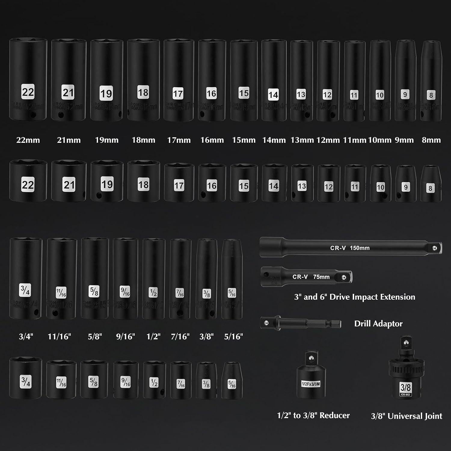 Juego de Enchufes de Impacto EMENTOL 49 Piezas 3/8"