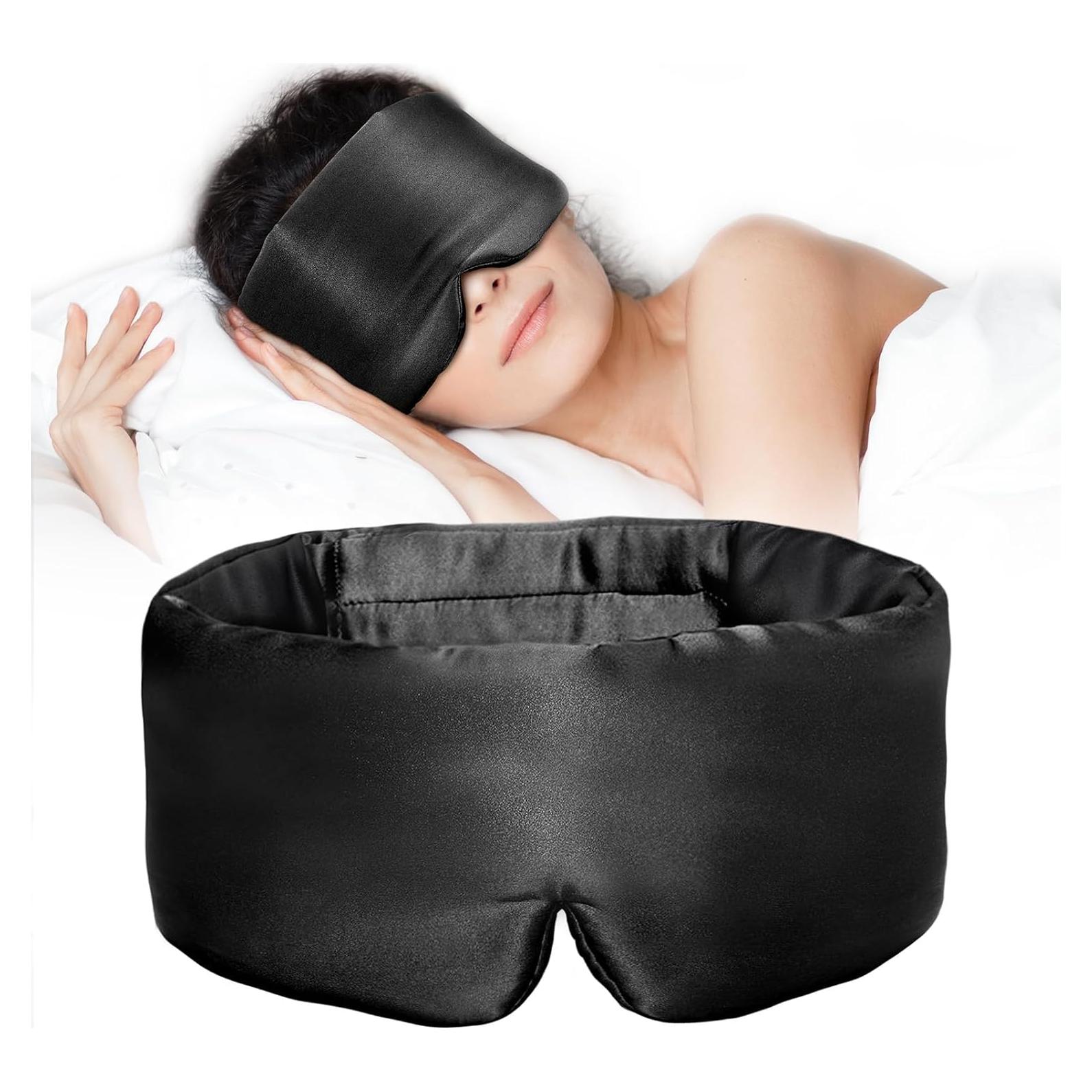 Máscara para dormir ajustable Okaydot - Seda negra 100% bloqueadora de luz