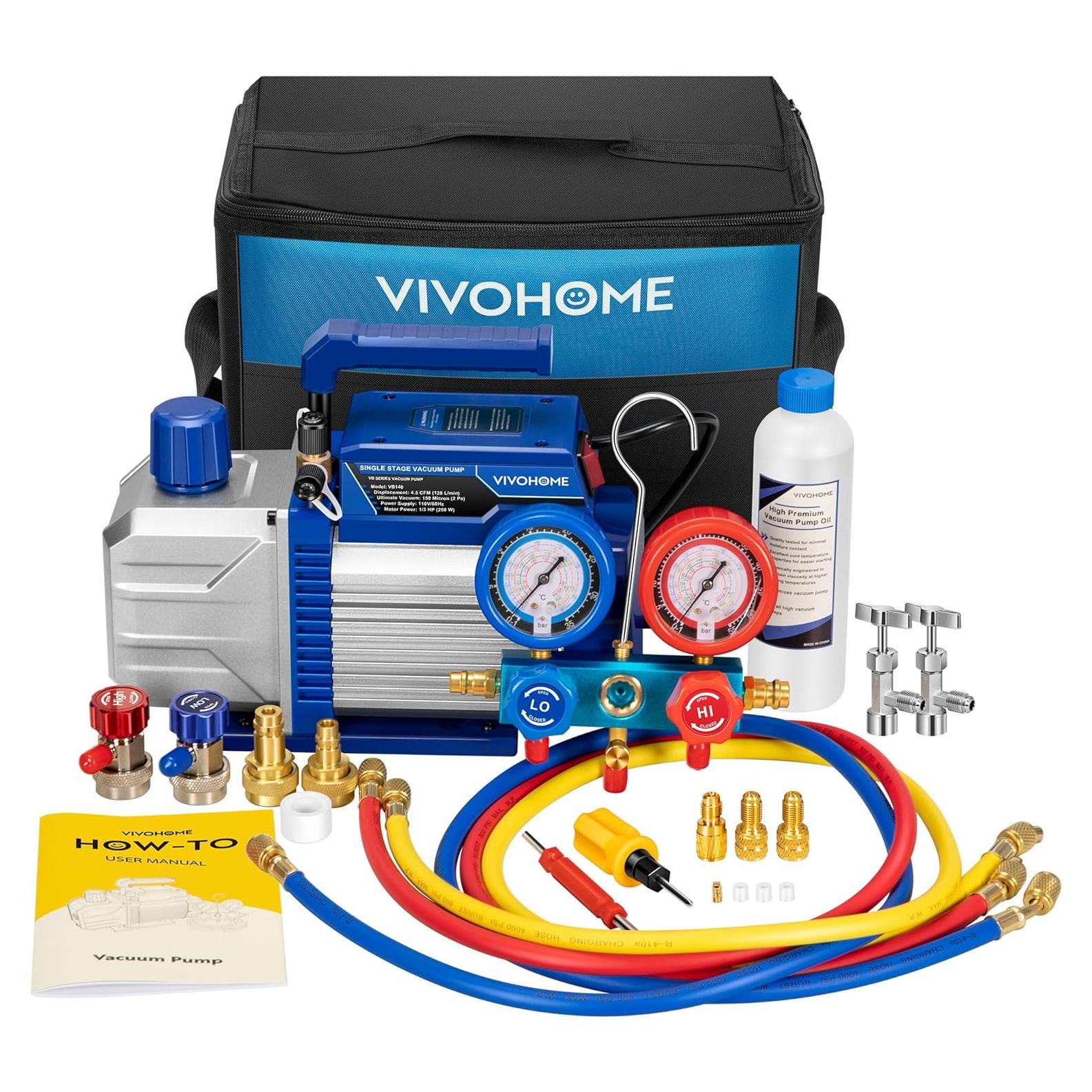 Bomba de Vacío VIVOHOME 1/3HP 4.5CFM y Manómetro A/C