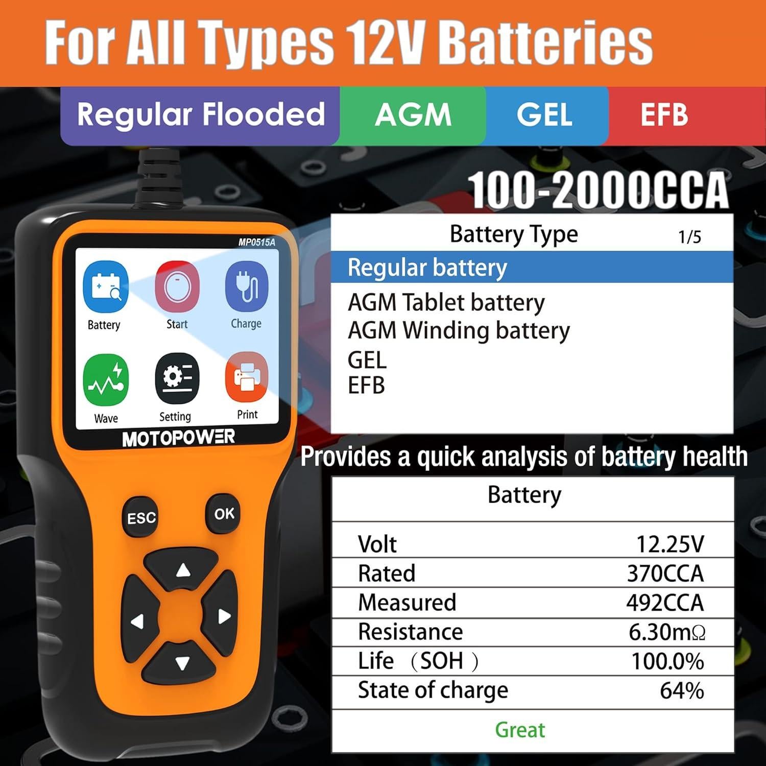 Probador de Batería MOTOPOWER MP0515A 12V con Pantalla LCD