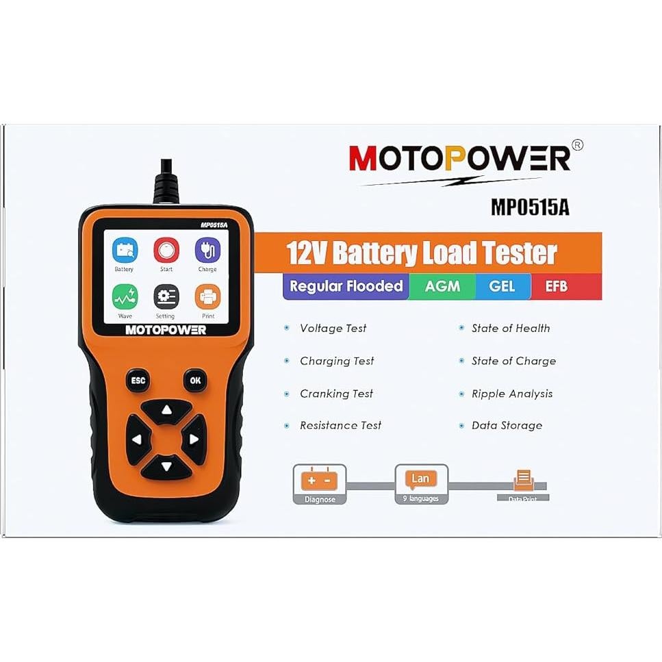 Probador de Batería MOTOPOWER MP0515A 12V con Pantalla LCD