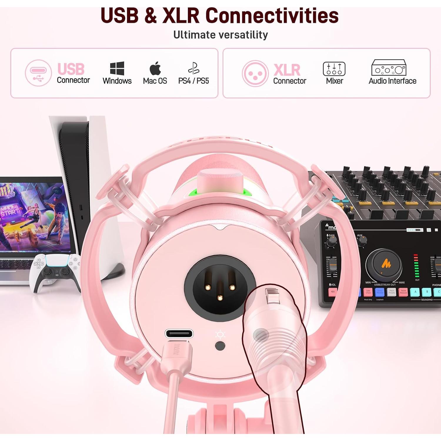 Micrófono Dinámico MAONO PD200XS Rosa con Brazo y RGB