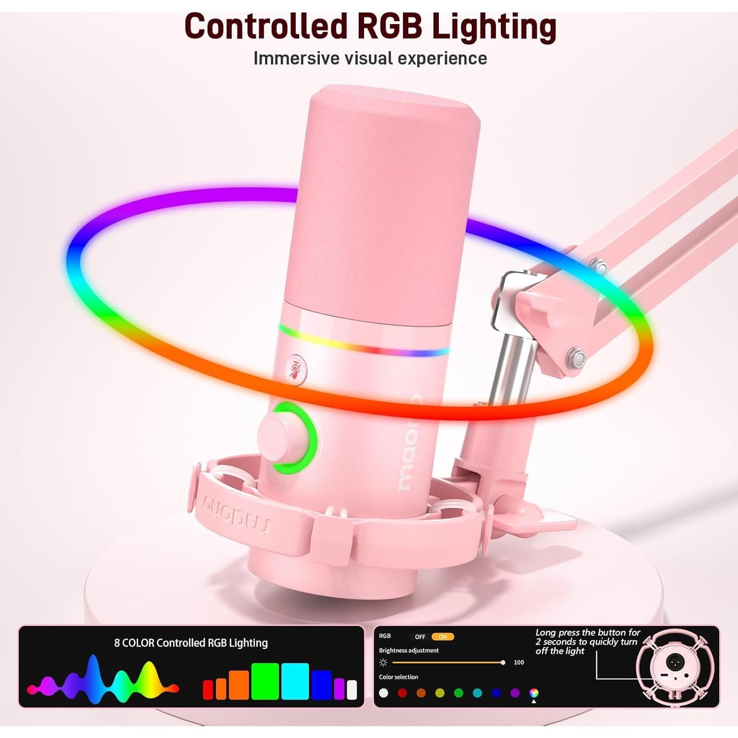 Micrófono Dinámico MAONO PD200XS Rosa con Brazo y RGB