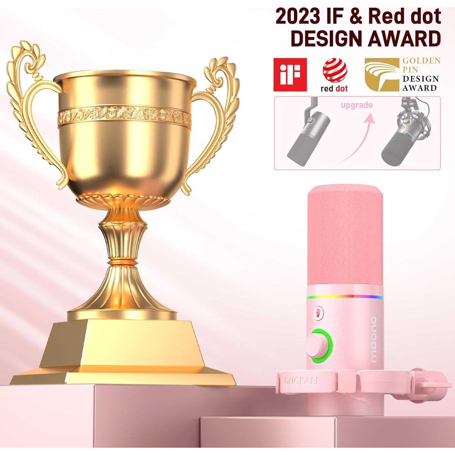 Micrófono Dinámico MAONO PD200XS Rosa con Brazo y RGB