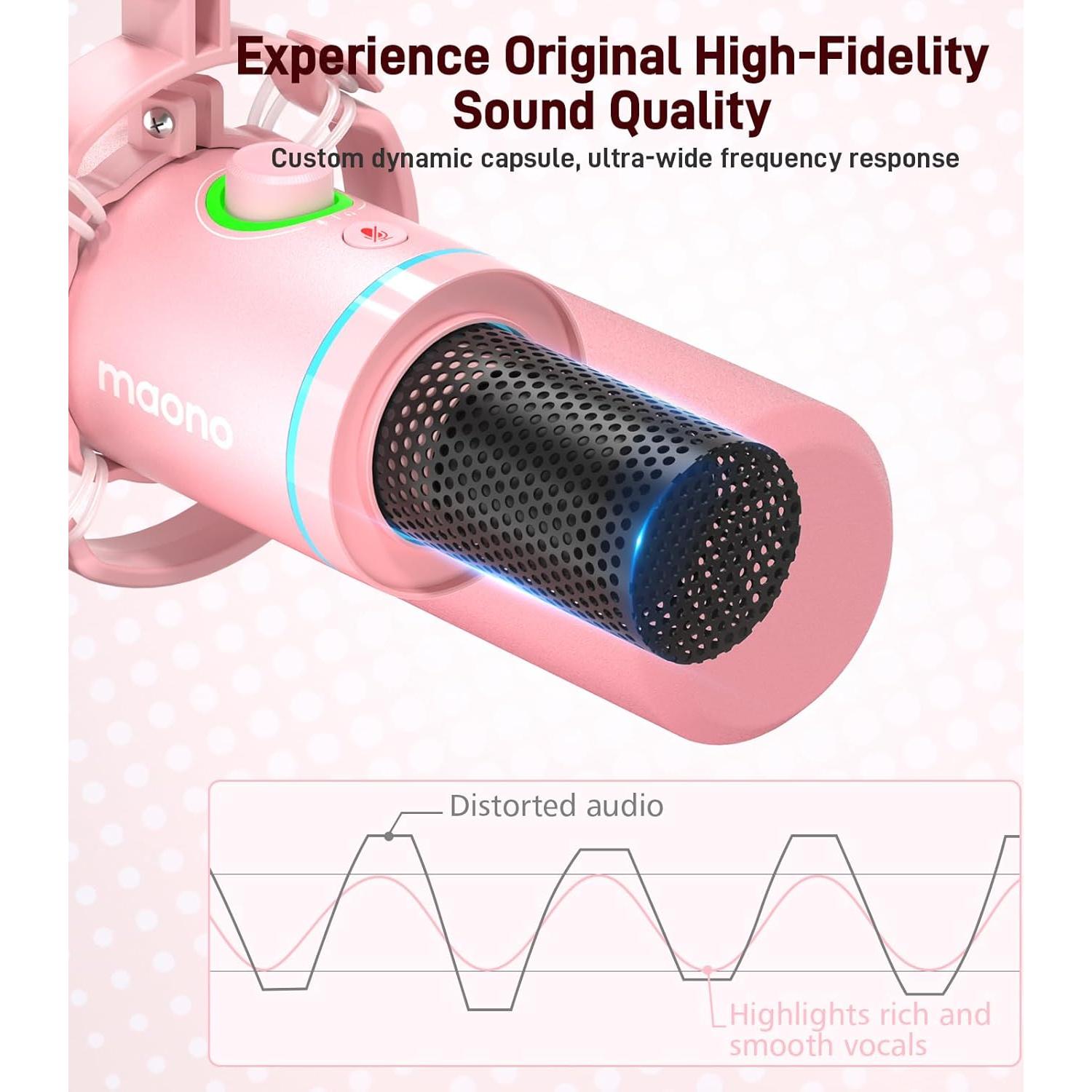 Micrófono Dinámico MAONO PD200XS Rosa con Brazo y RGB