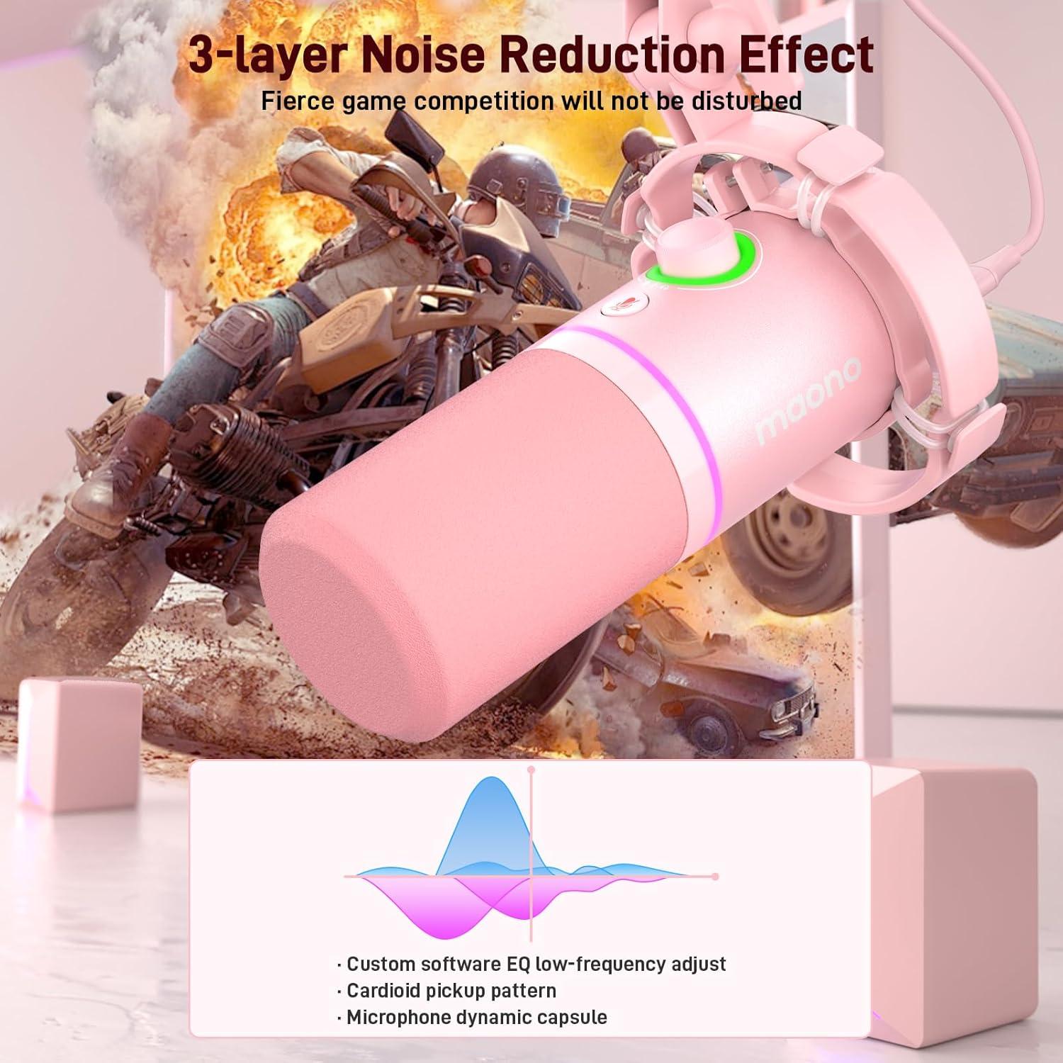 Micrófono Dinámico MAONO PD200XS Rosa con Brazo y RGB