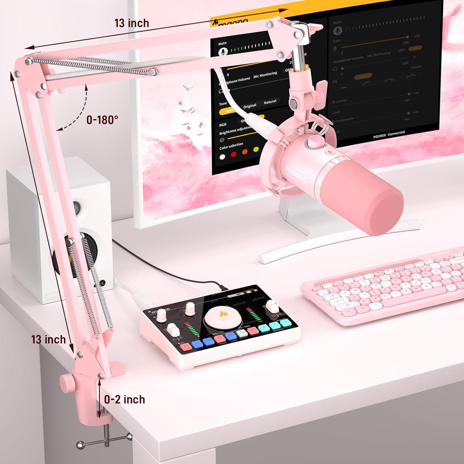 Micrófono Dinámico MAONO PD200XS Rosa con Brazo y RGB