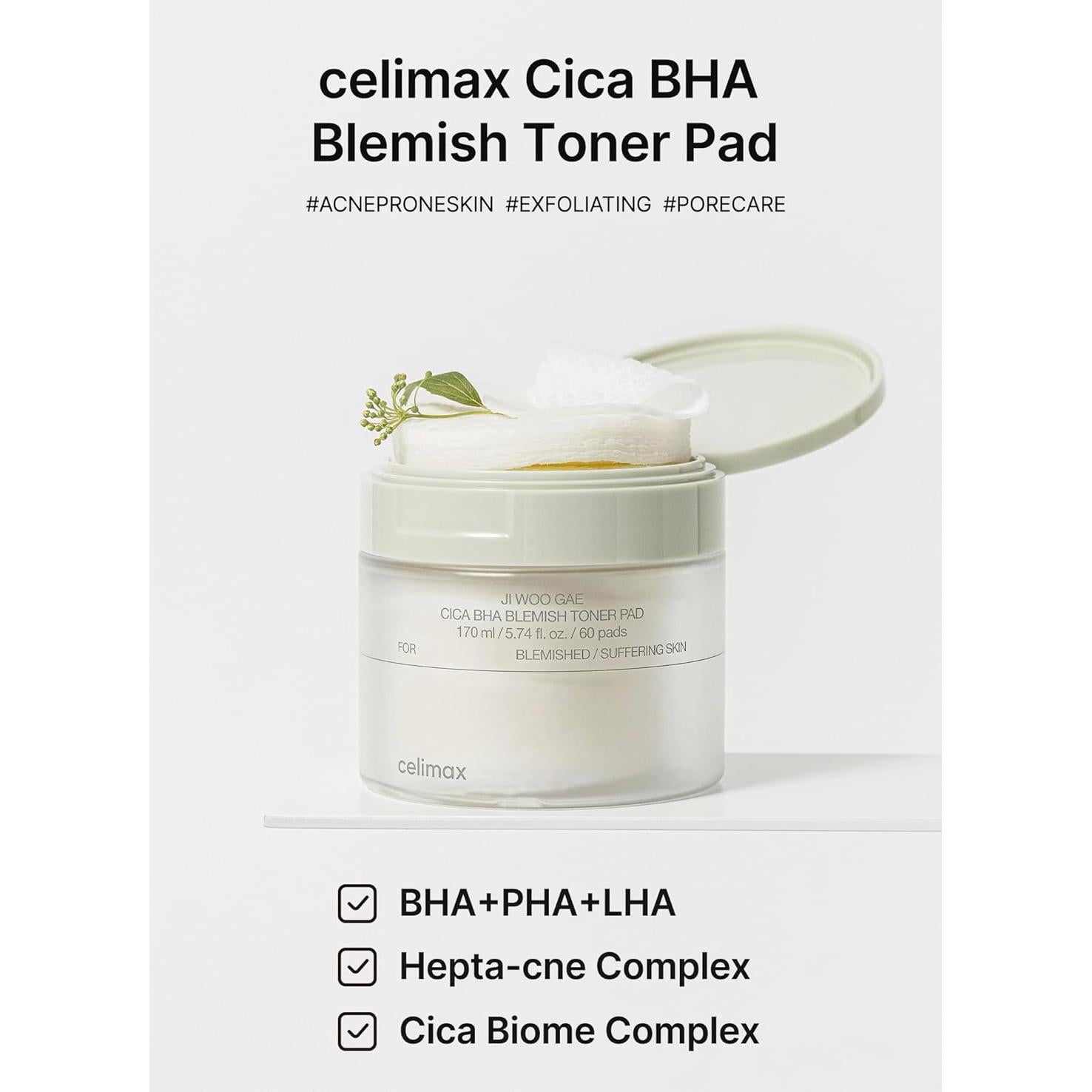 Celicmax CICA BHA Blemish Toner Pad - 60 Pads Hidratantes