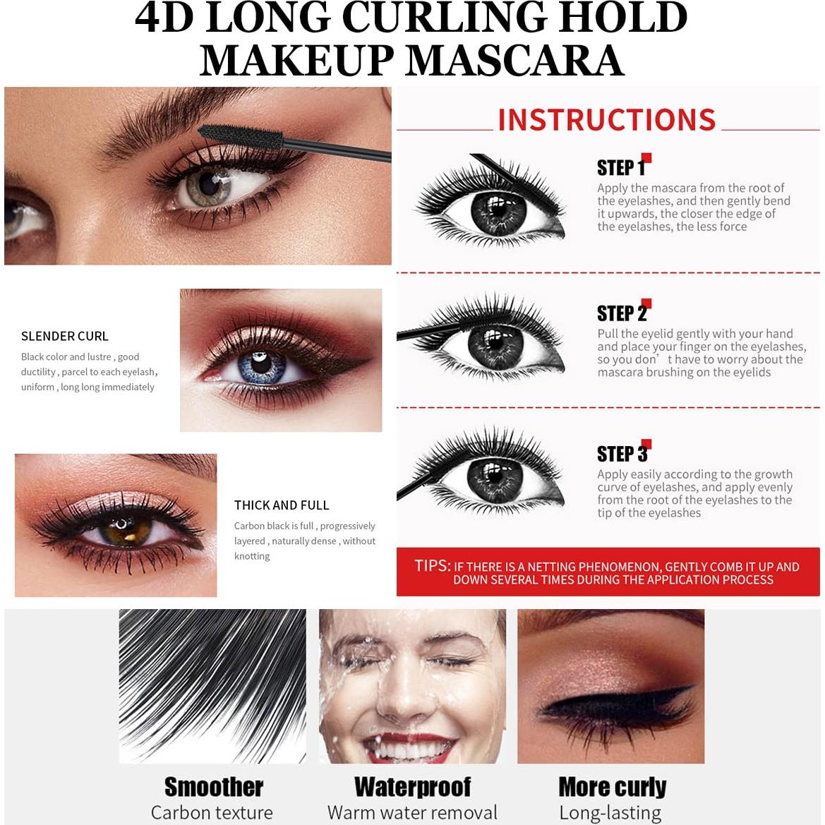 Máscara 4D Hulyfw 2Pcs Impermeable para Pestañas Largas