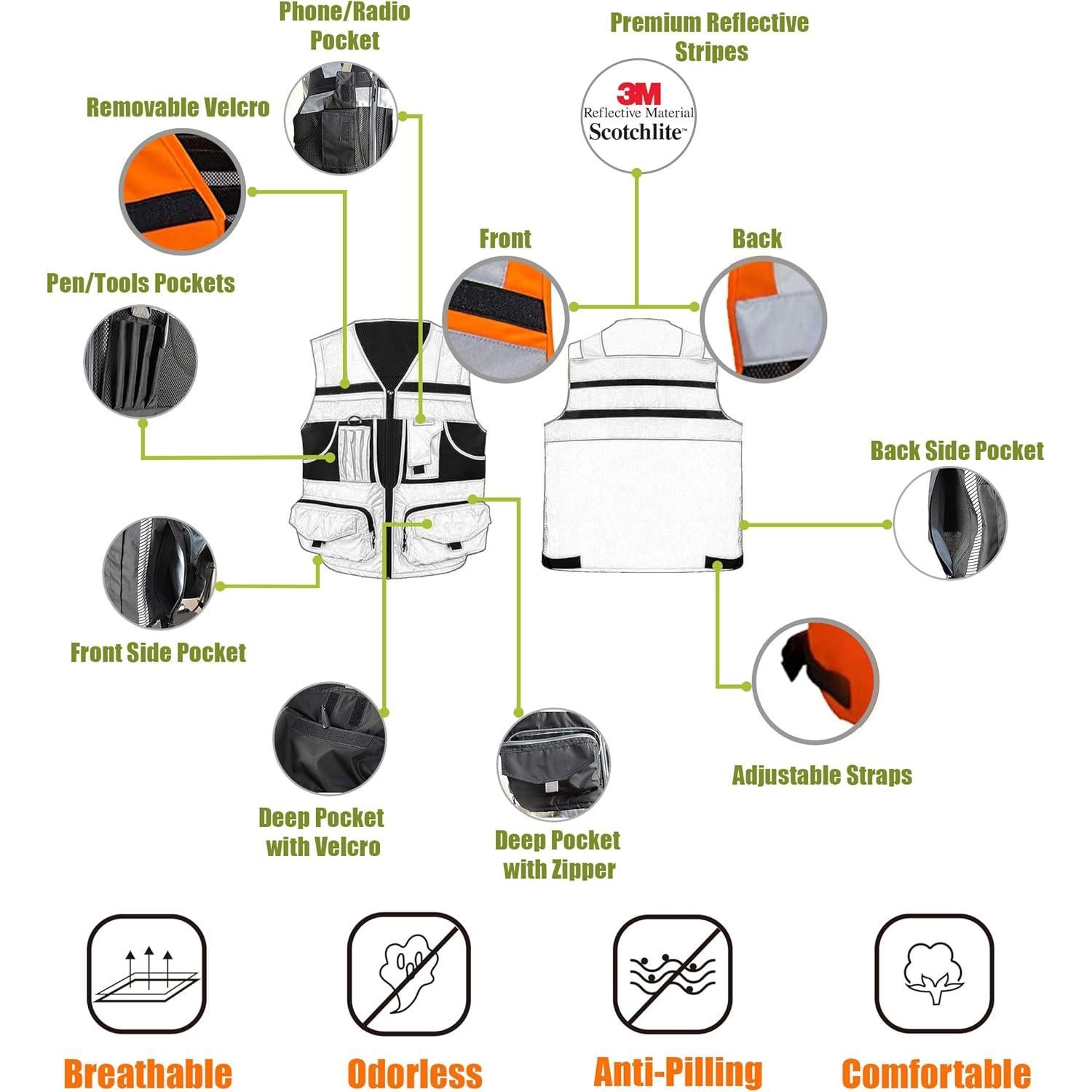 Chaleco de Seguridad Reflectante 3M Unisex 10 Bolsillos Naranja